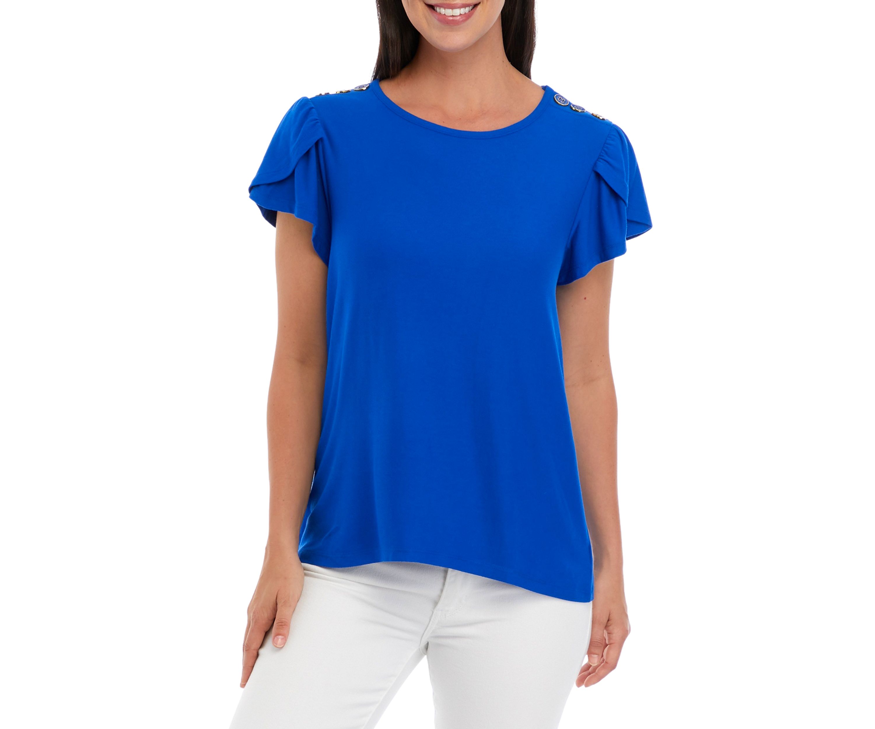Petite Short Sleeve Button Shoulder Tunic Top