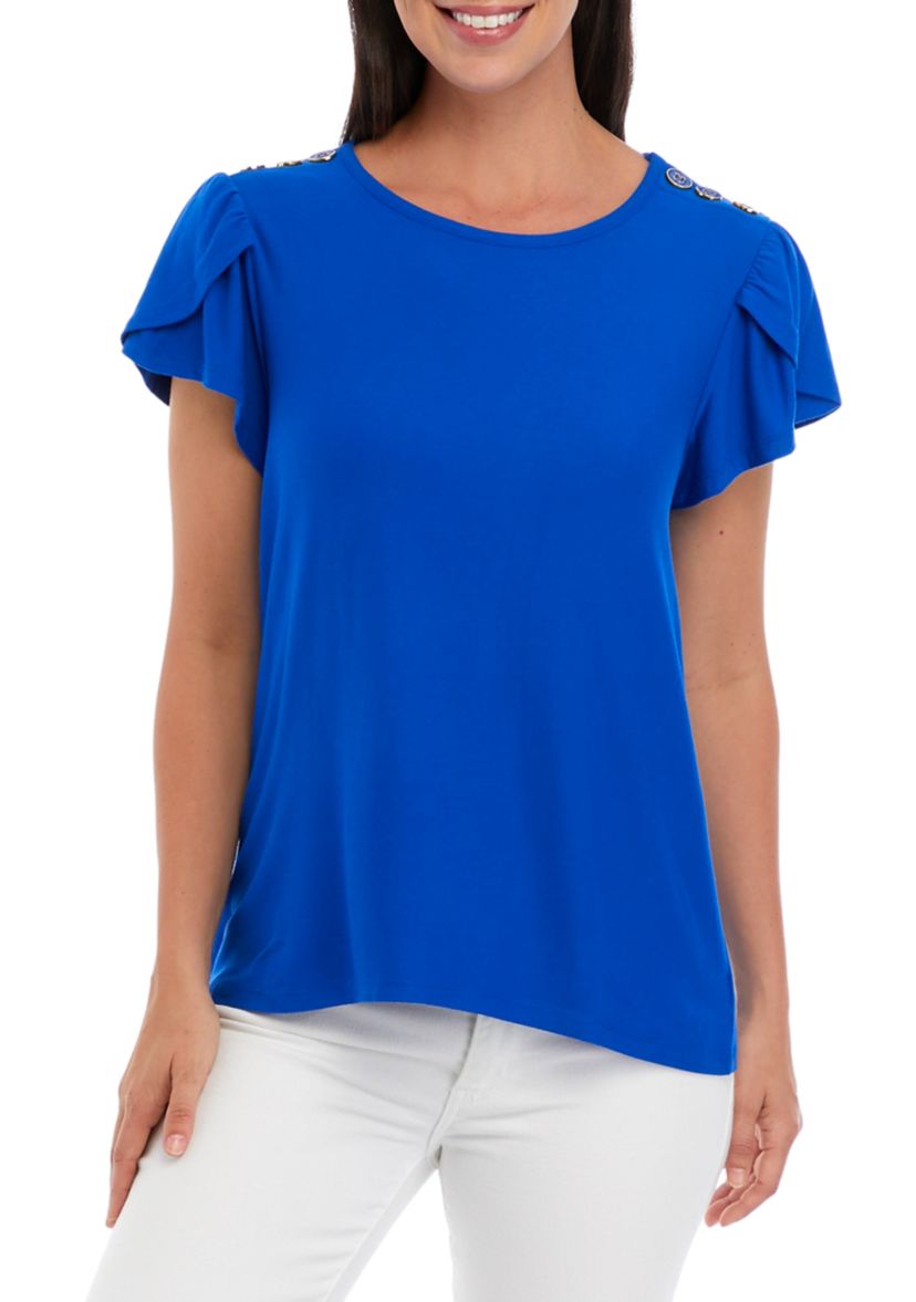 Petite Short Sleeve Button Shoulder Tunic Top