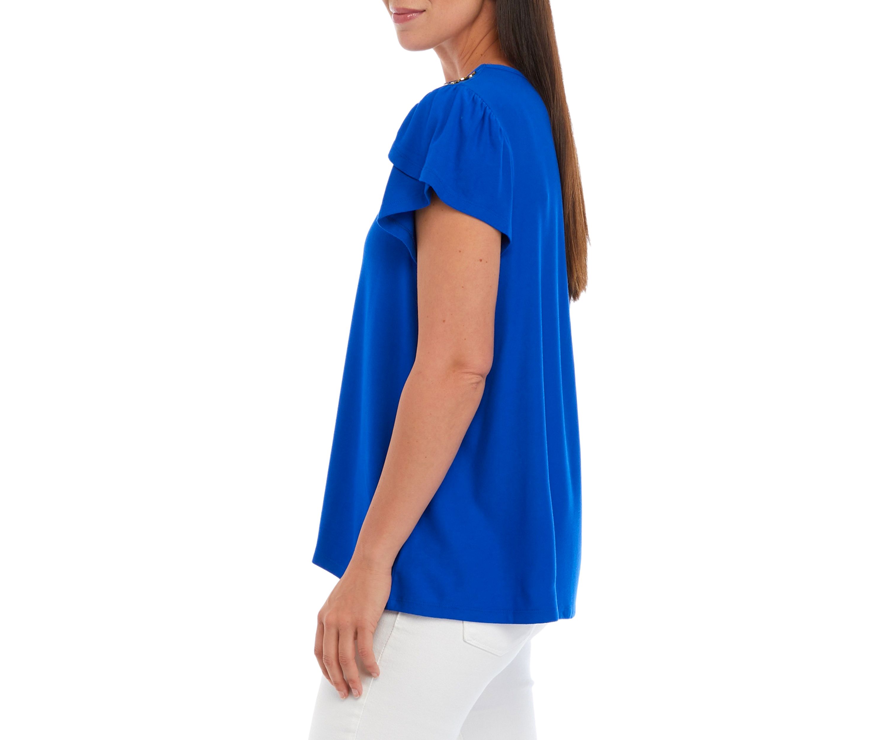 Petite Short Sleeve Button Shoulder Tunic Top