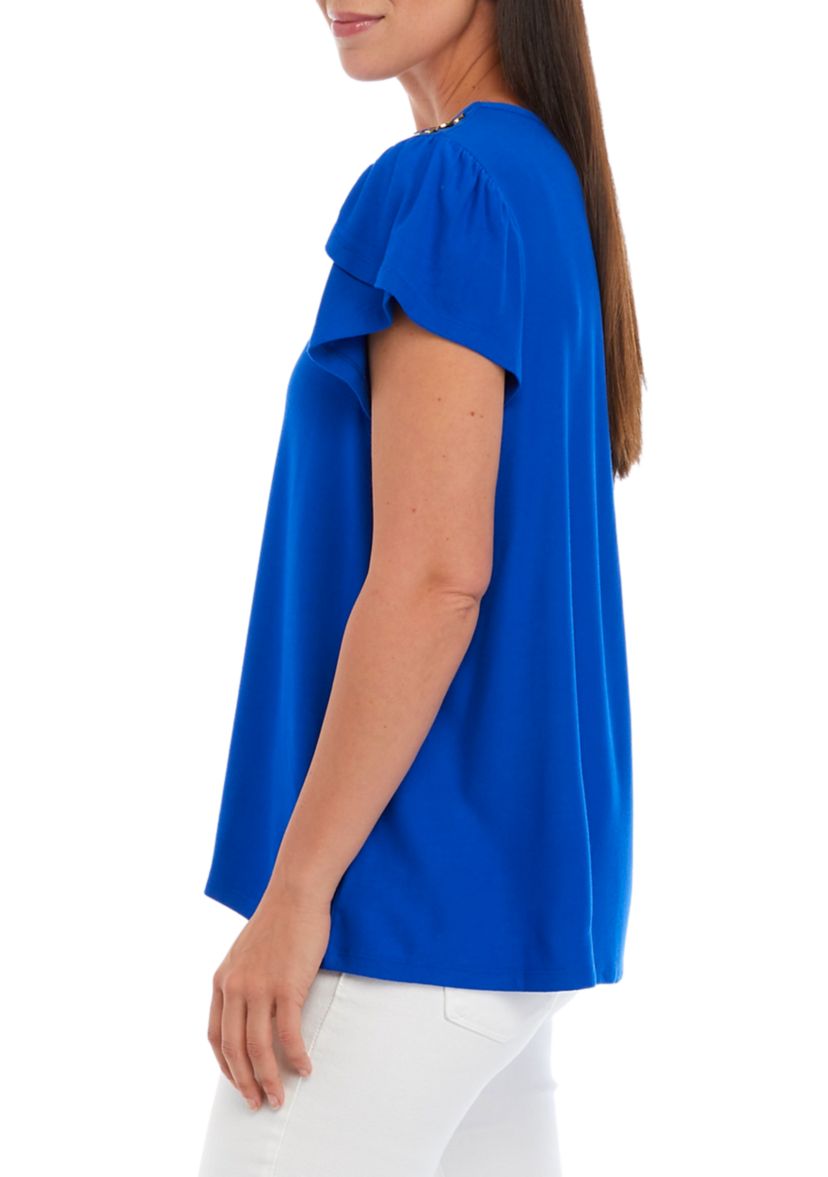 Petite Short Sleeve Button Shoulder Tunic Top