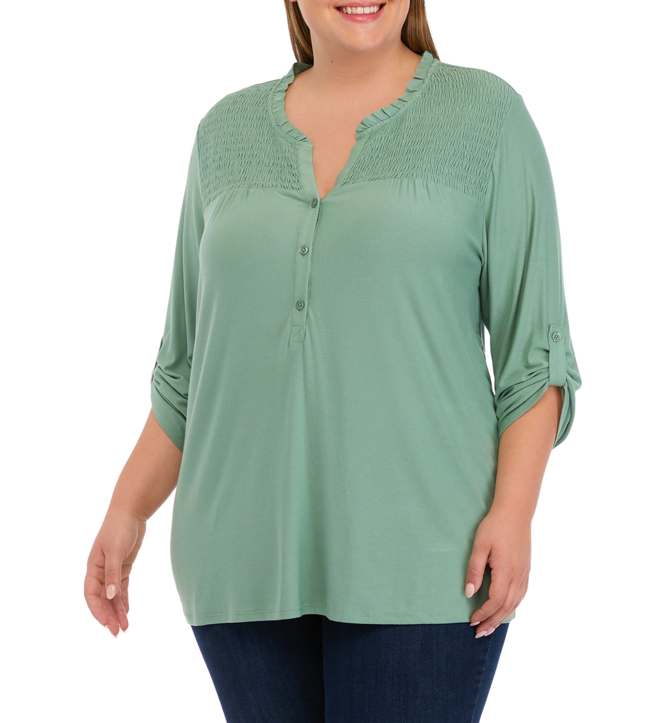 Plus Size 3/4 Roll Tab Sleeve Smock Yoke Henley Shirt 