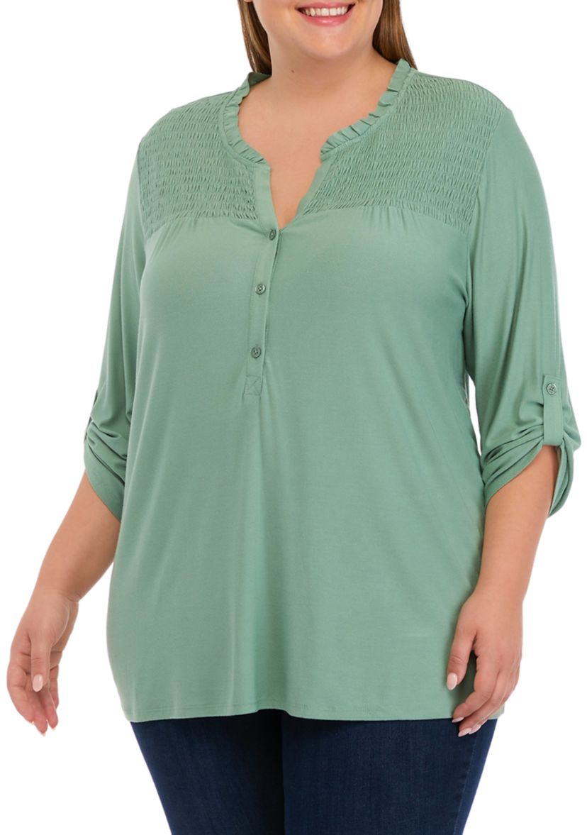 Plus Size 3/4 Roll Tab Sleeve Smock Yoke Henley Shirt 