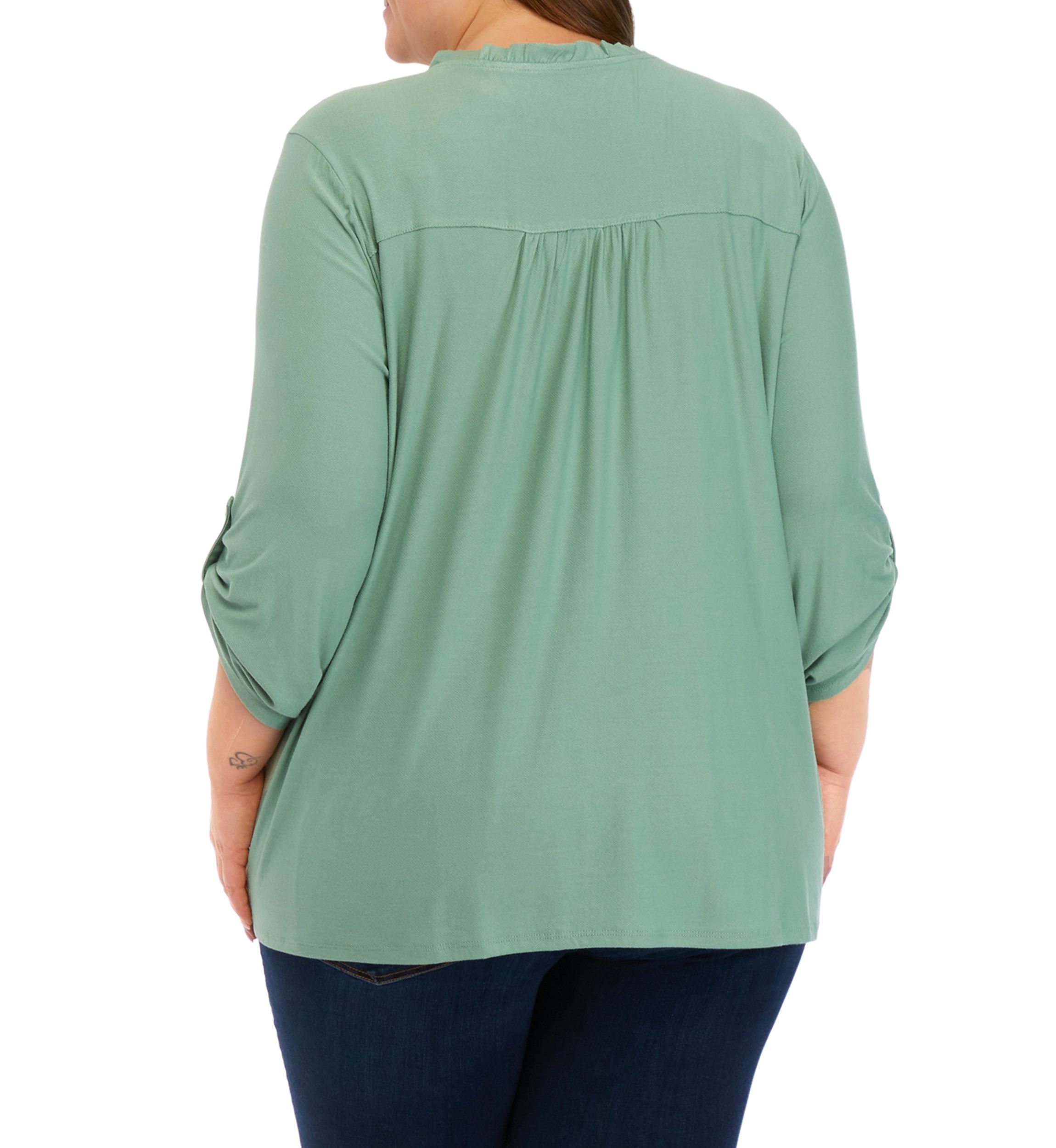 Plus Size 3/4 Roll Tab Sleeve Smock Yoke Henley Shirt 
