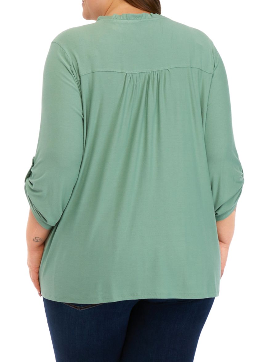Plus Size 3/4 Roll Tab Sleeve Smock Yoke Henley Shirt 