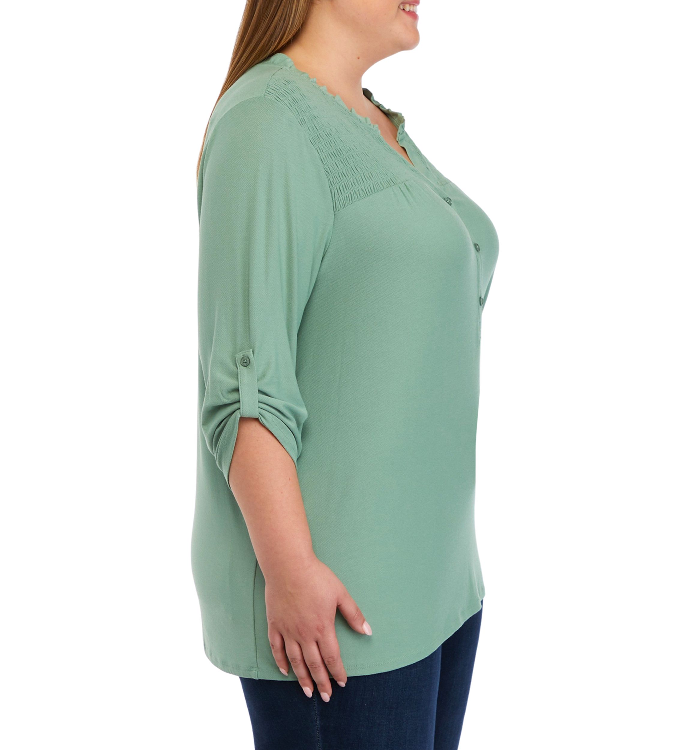Plus Size 3/4 Roll Tab Sleeve Smock Yoke Henley Shirt 