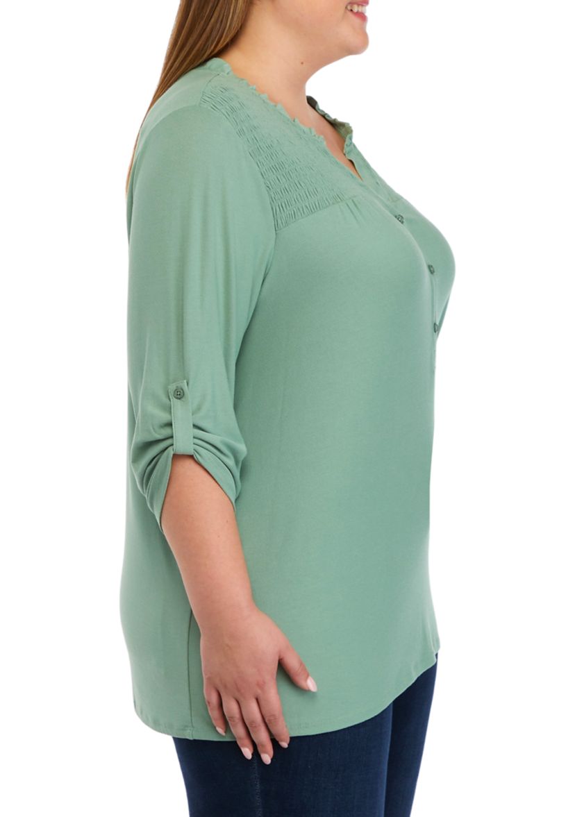 Plus Size 3/4 Roll Tab Sleeve Smock Yoke Henley Shirt 