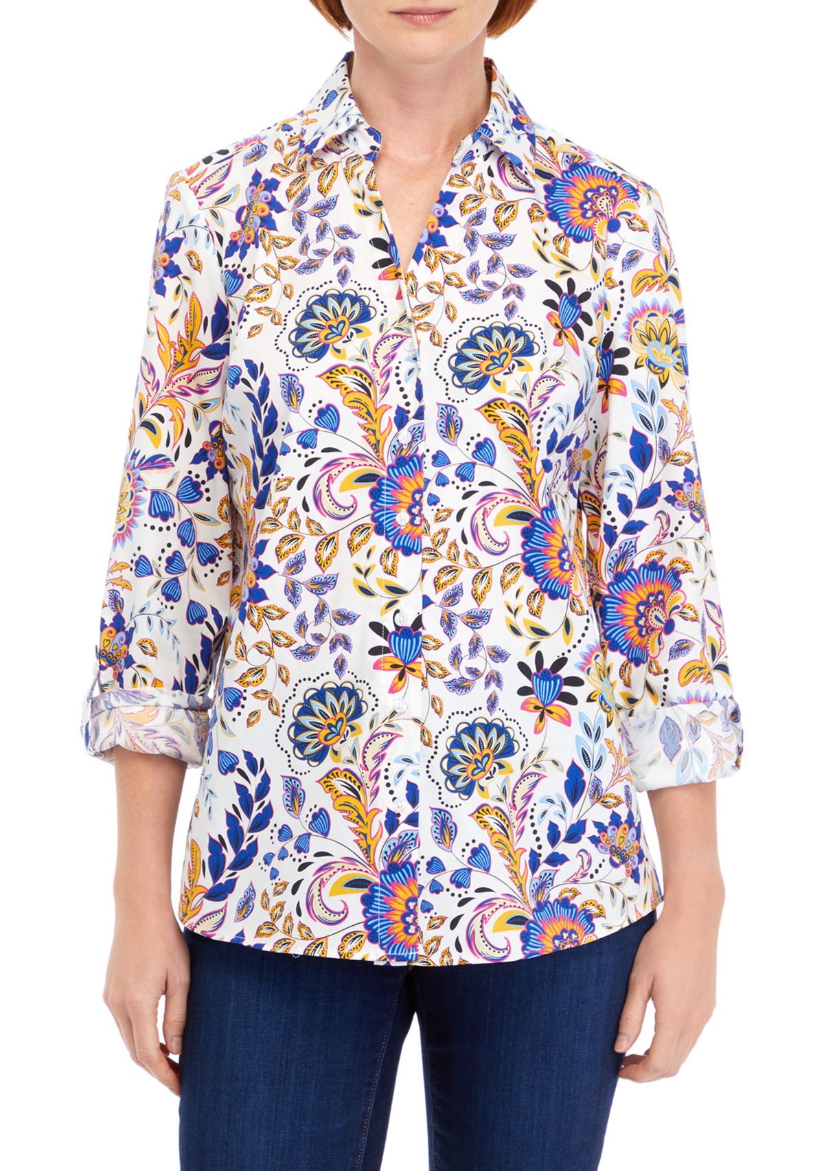 Womens Long Sleeve Printed Collared Button Down Shirt 