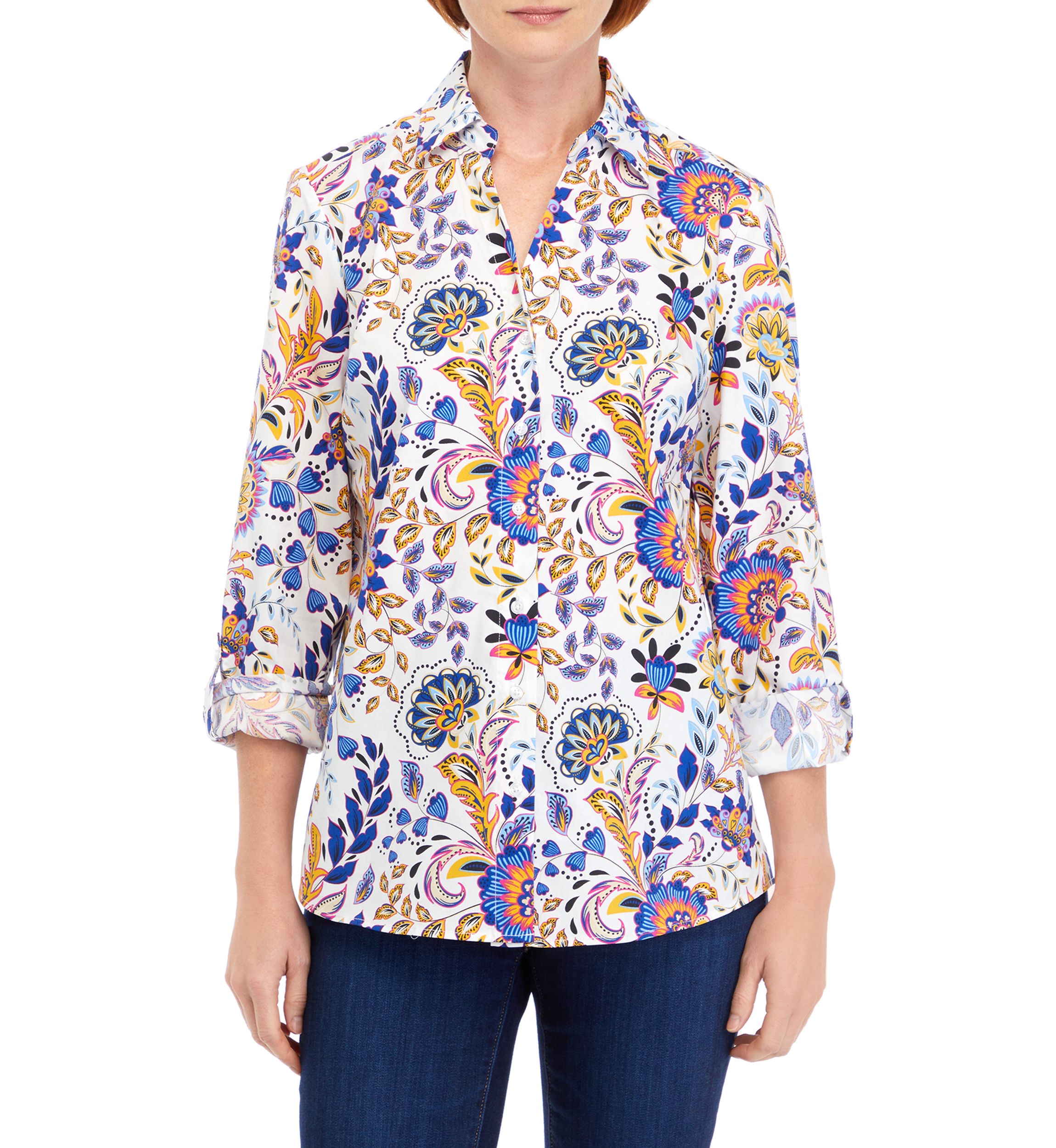 Womens Long Sleeve Printed Collared Button Down Shirt 