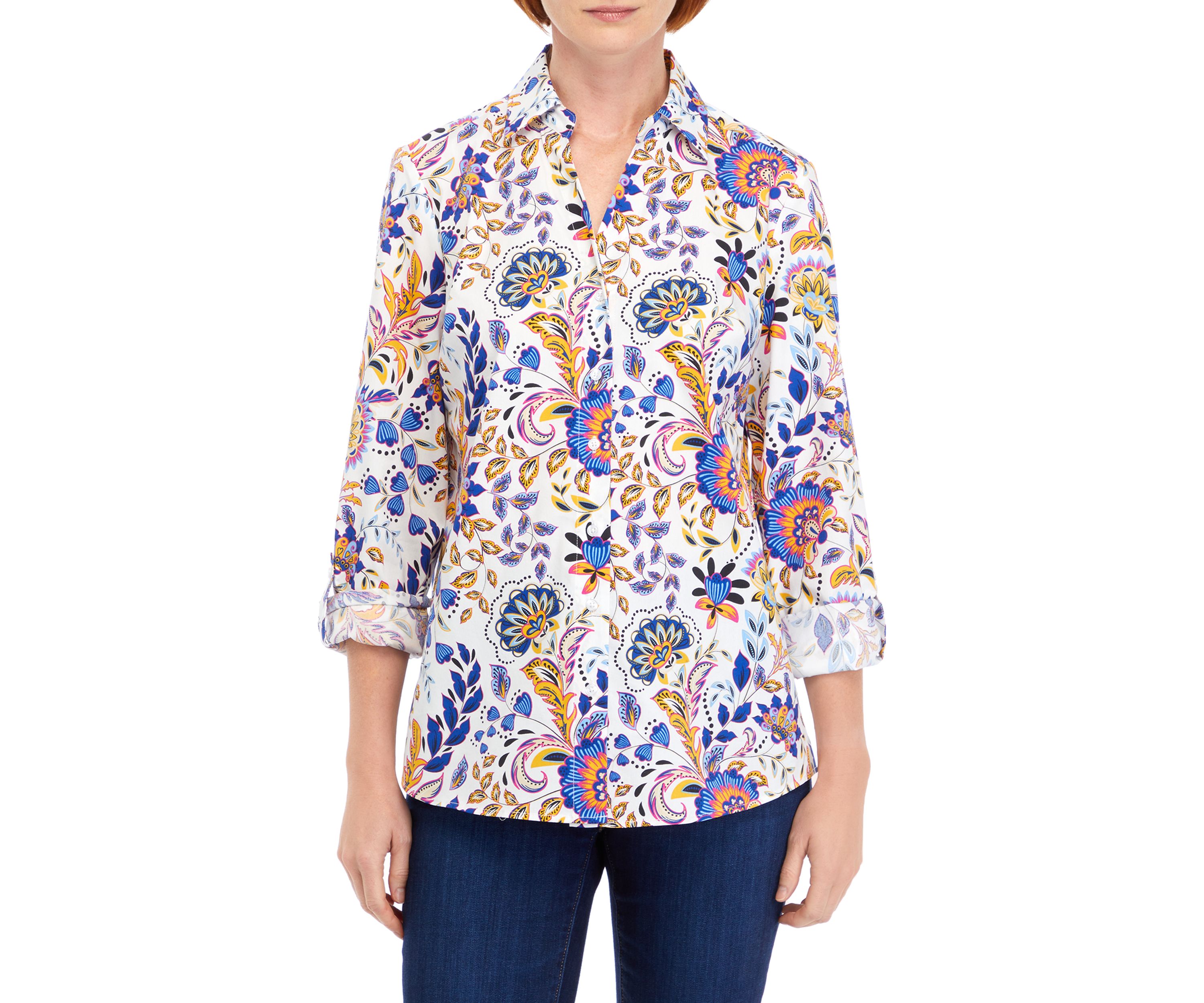 Womens Long Sleeve Printed Collared Button Down Shirt 