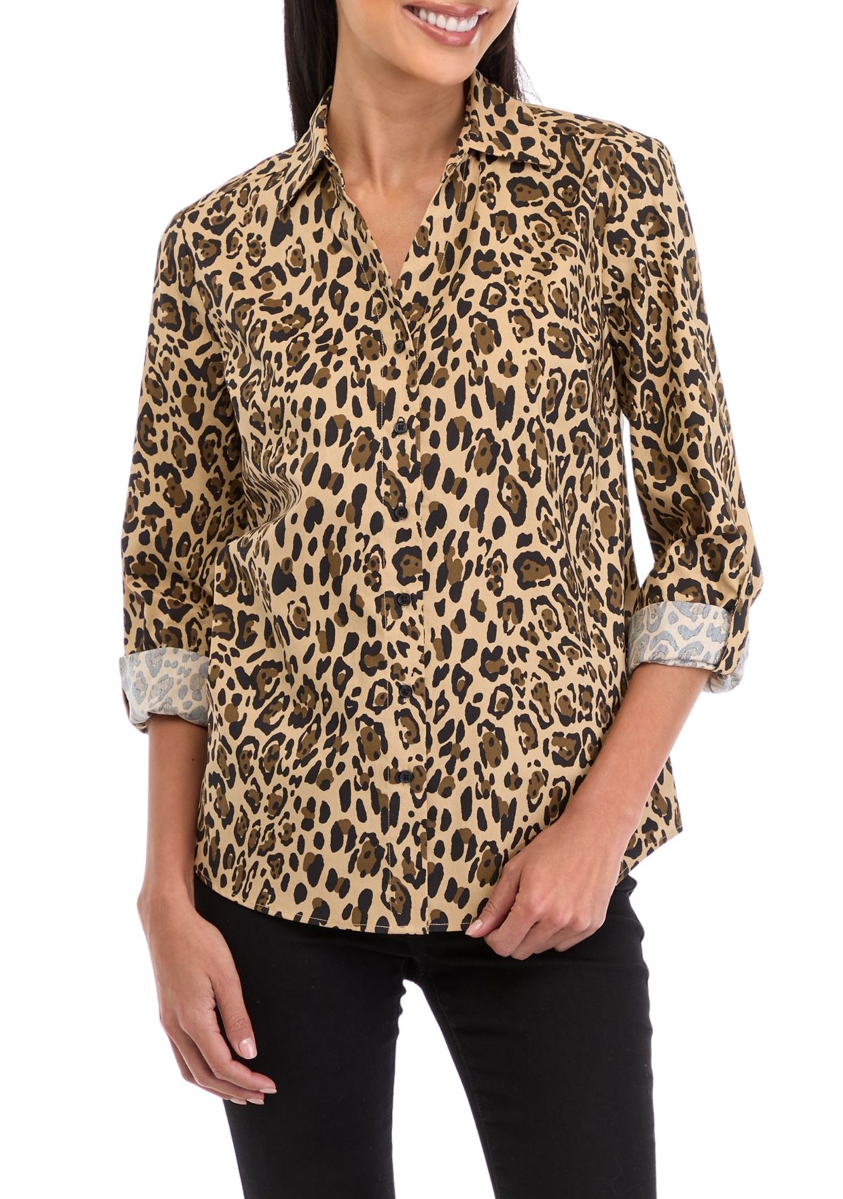Petite 3/4 Roll Tab Printed Button Up Shirt 