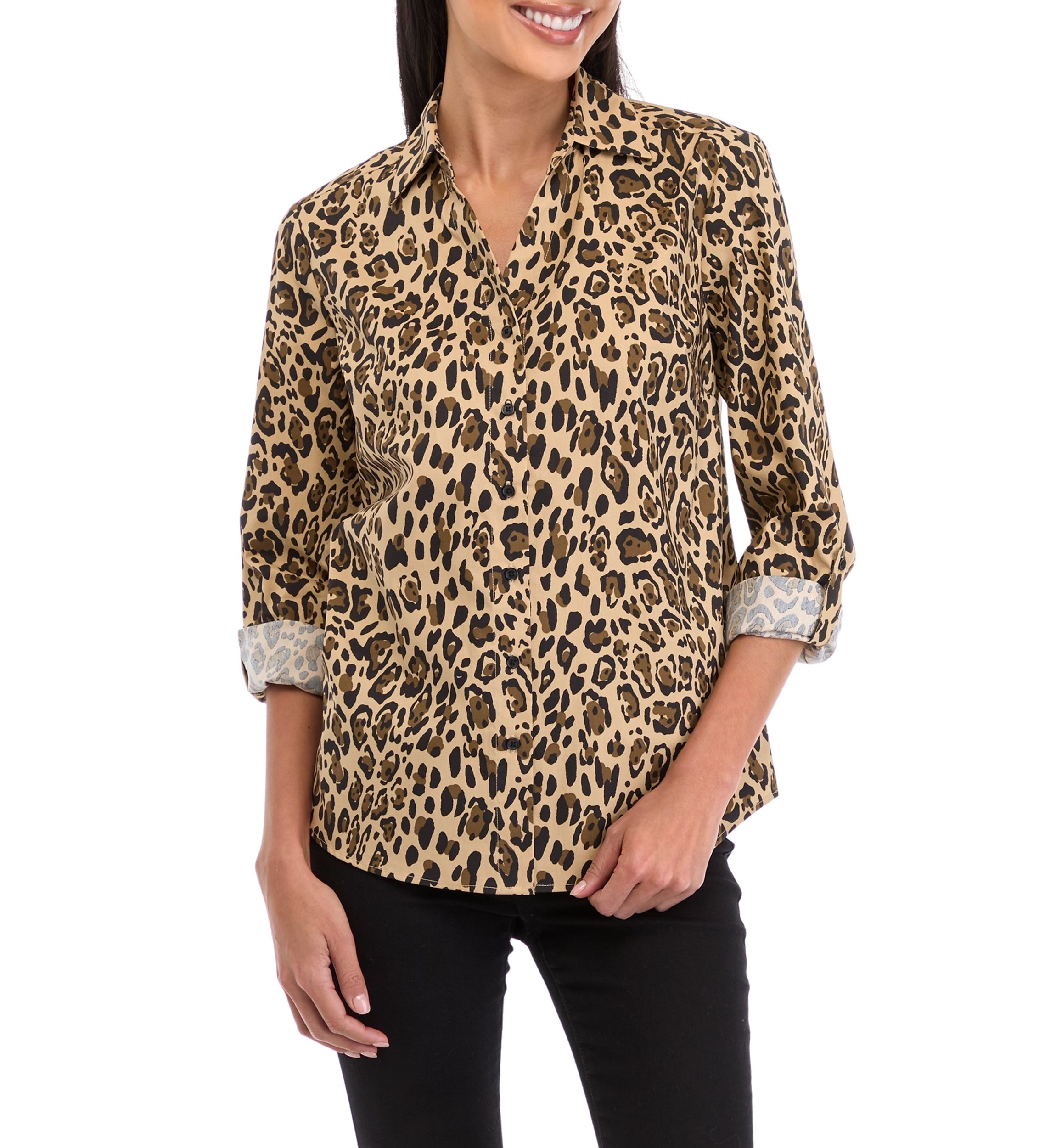 Petite 3/4 Roll Tab Printed Button Up Shirt 