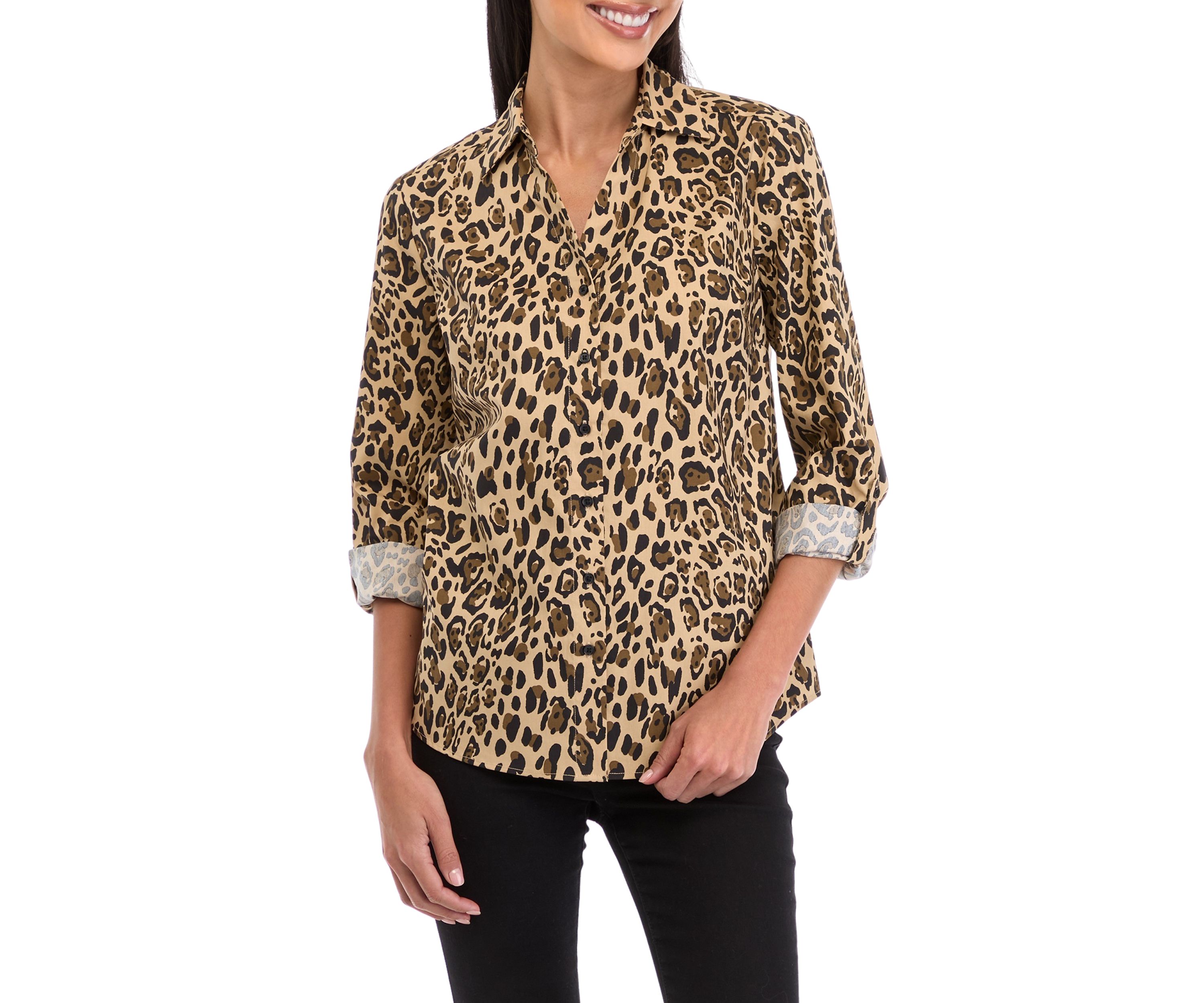 Petite 3/4 Roll Tab Printed Button Up Shirt 