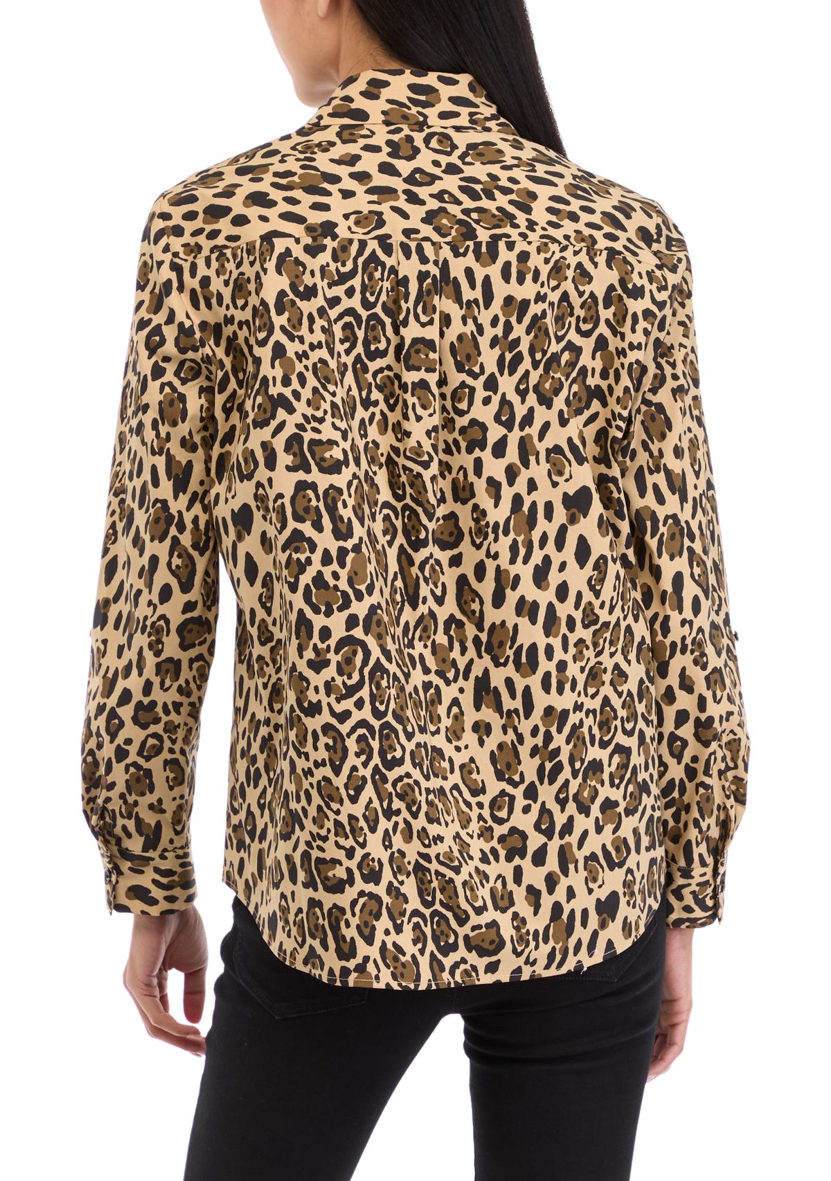 Petite 3/4 Roll Tab Printed Button Up Shirt 