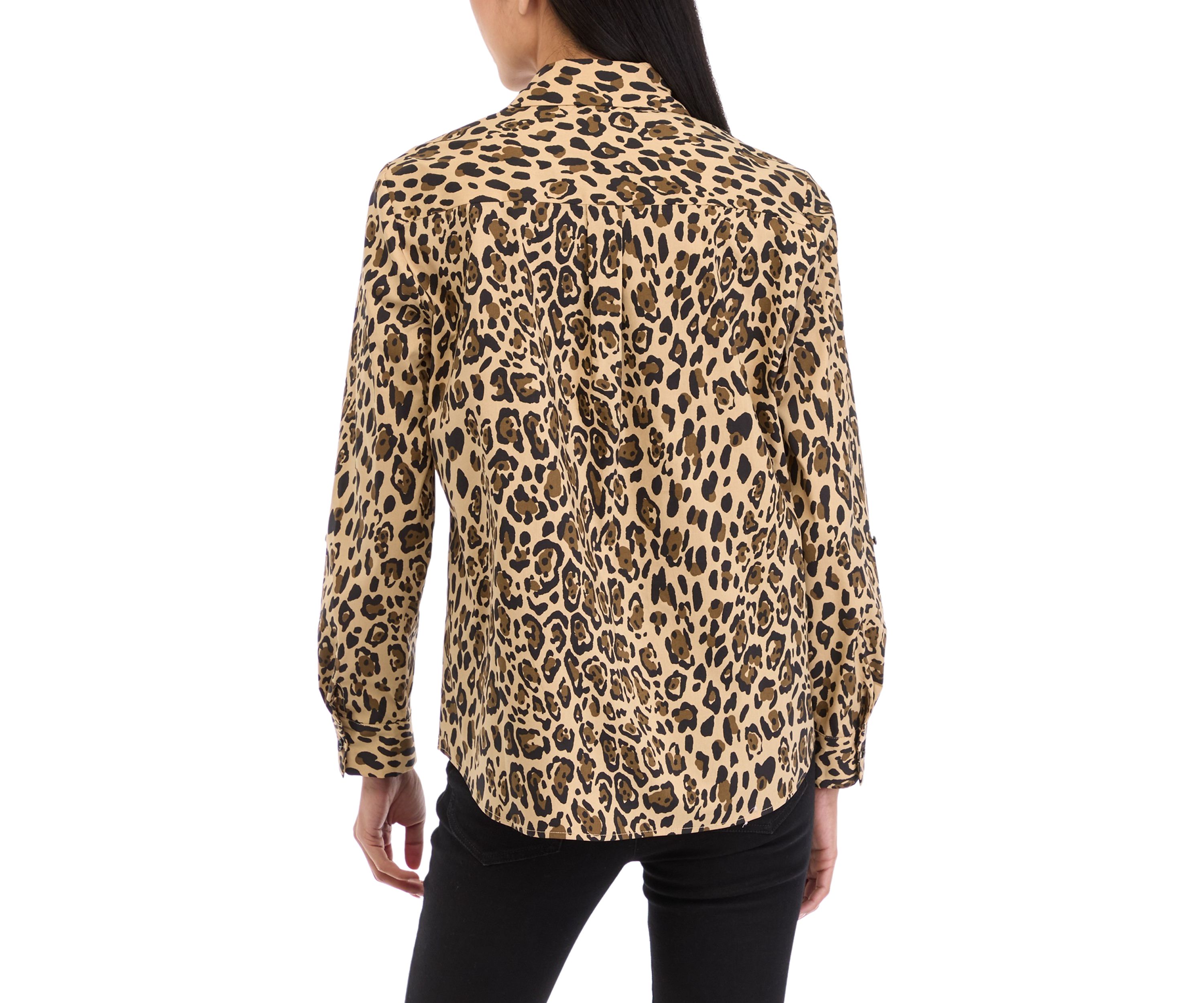 Petite 3/4 Roll Tab Printed Button Up Shirt 
