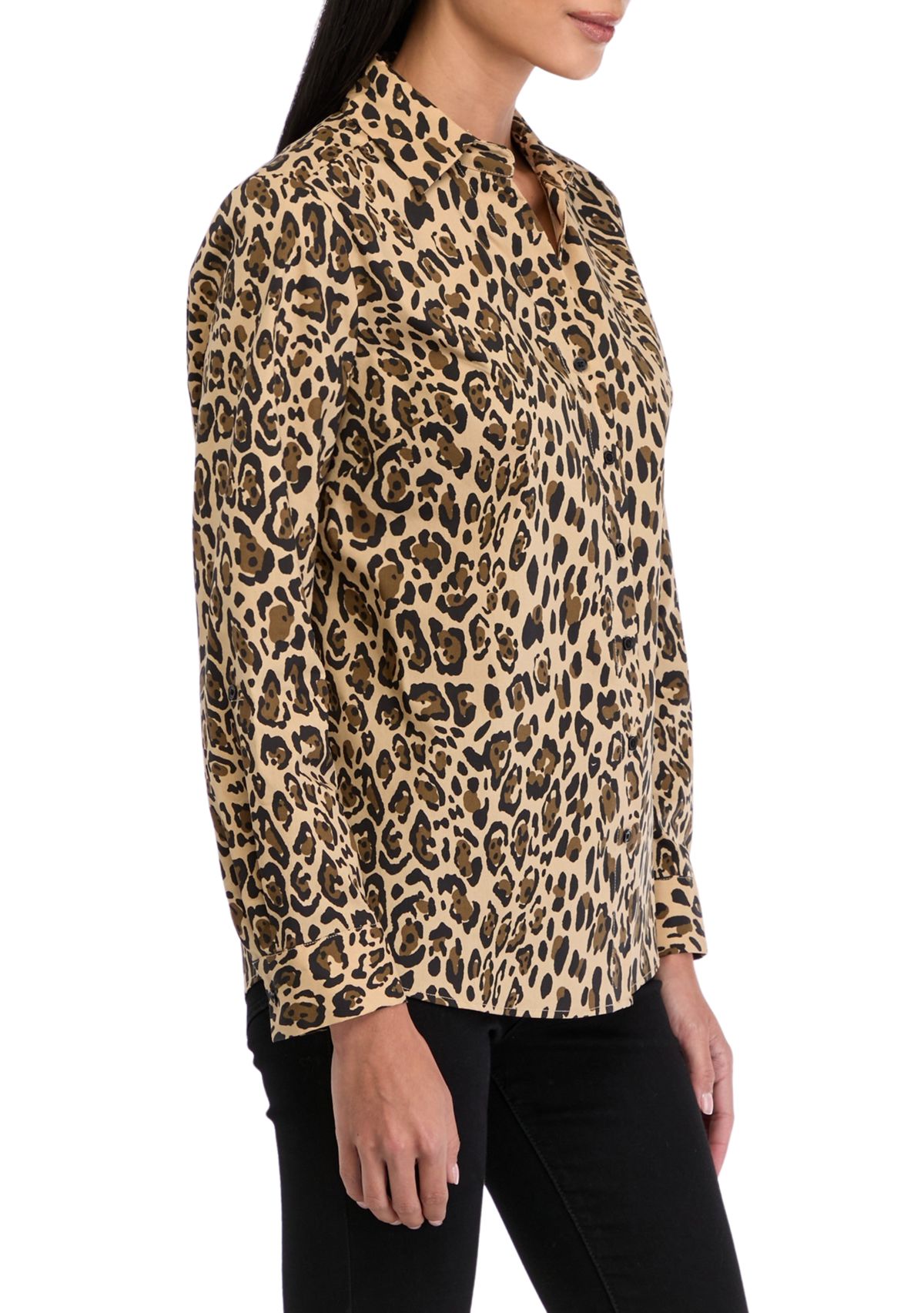 Petite 3/4 Roll Tab Printed Button Up Shirt 