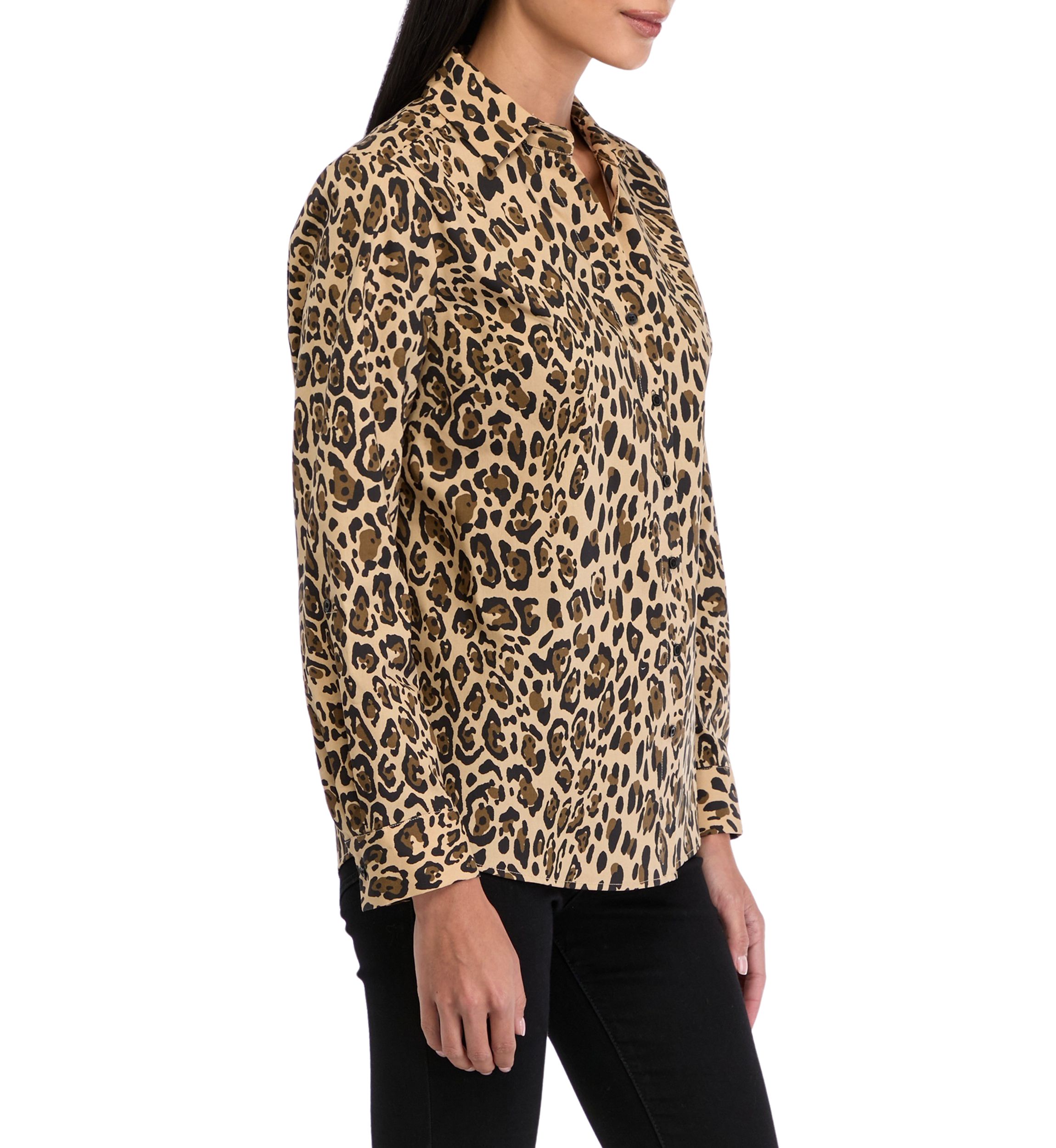 Petite 3/4 Roll Tab Printed Button Up Shirt 