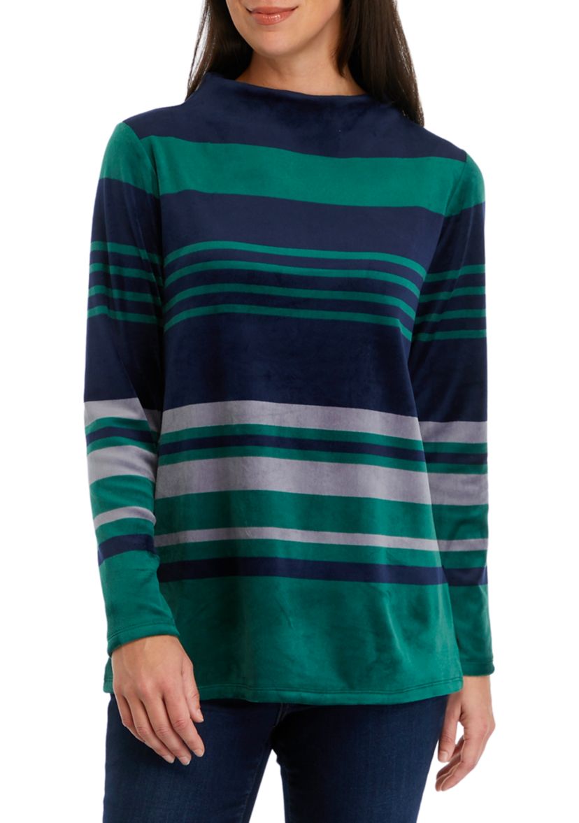 Womens Striped Mock Neck Velour Top