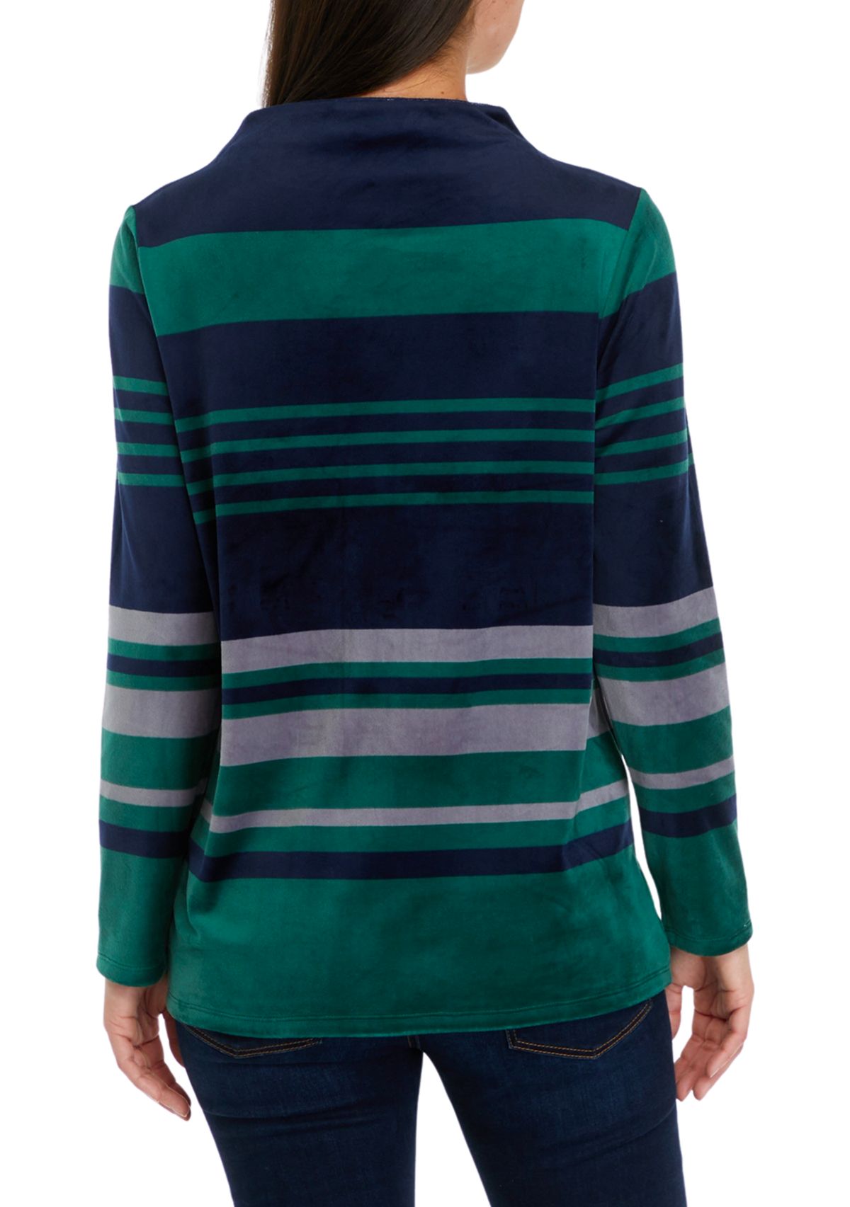 Womens Striped Mock Neck Velour Top