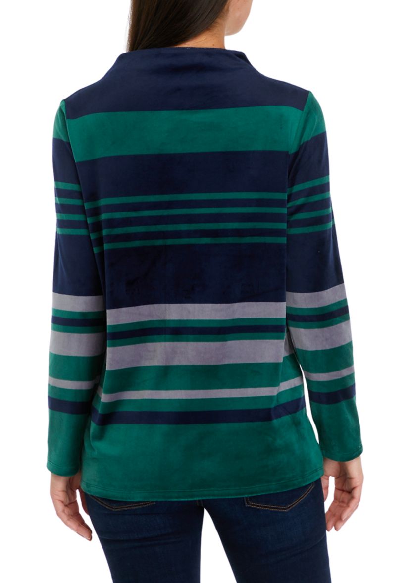 Womens Striped Mock Neck Velour Top