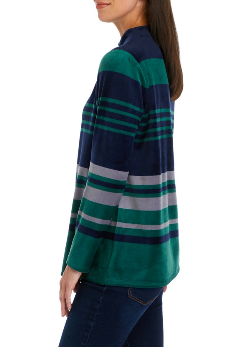 Womens Striped Mock Neck Velour Top