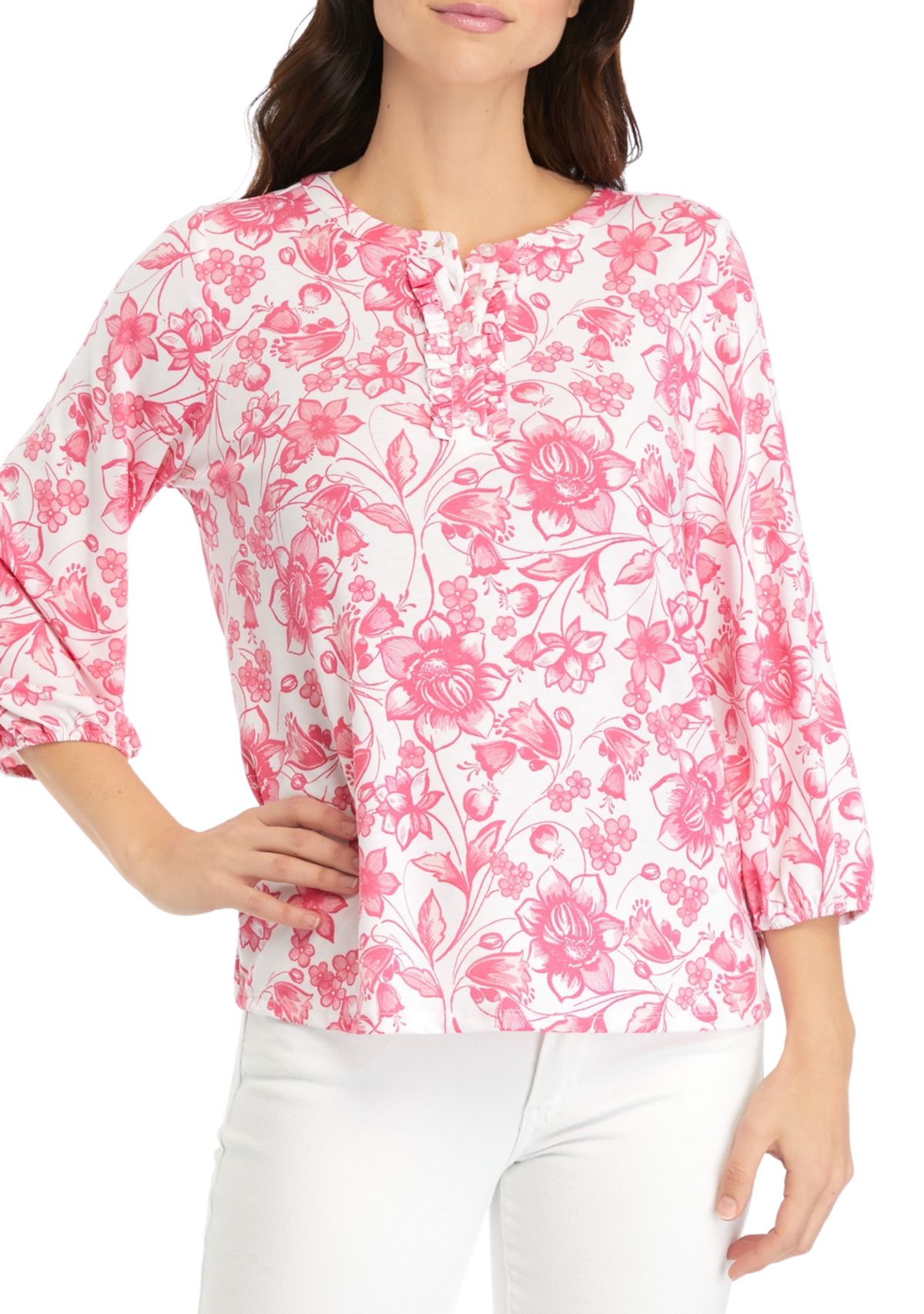 Womens Ruffle Trim Printed Henley Top