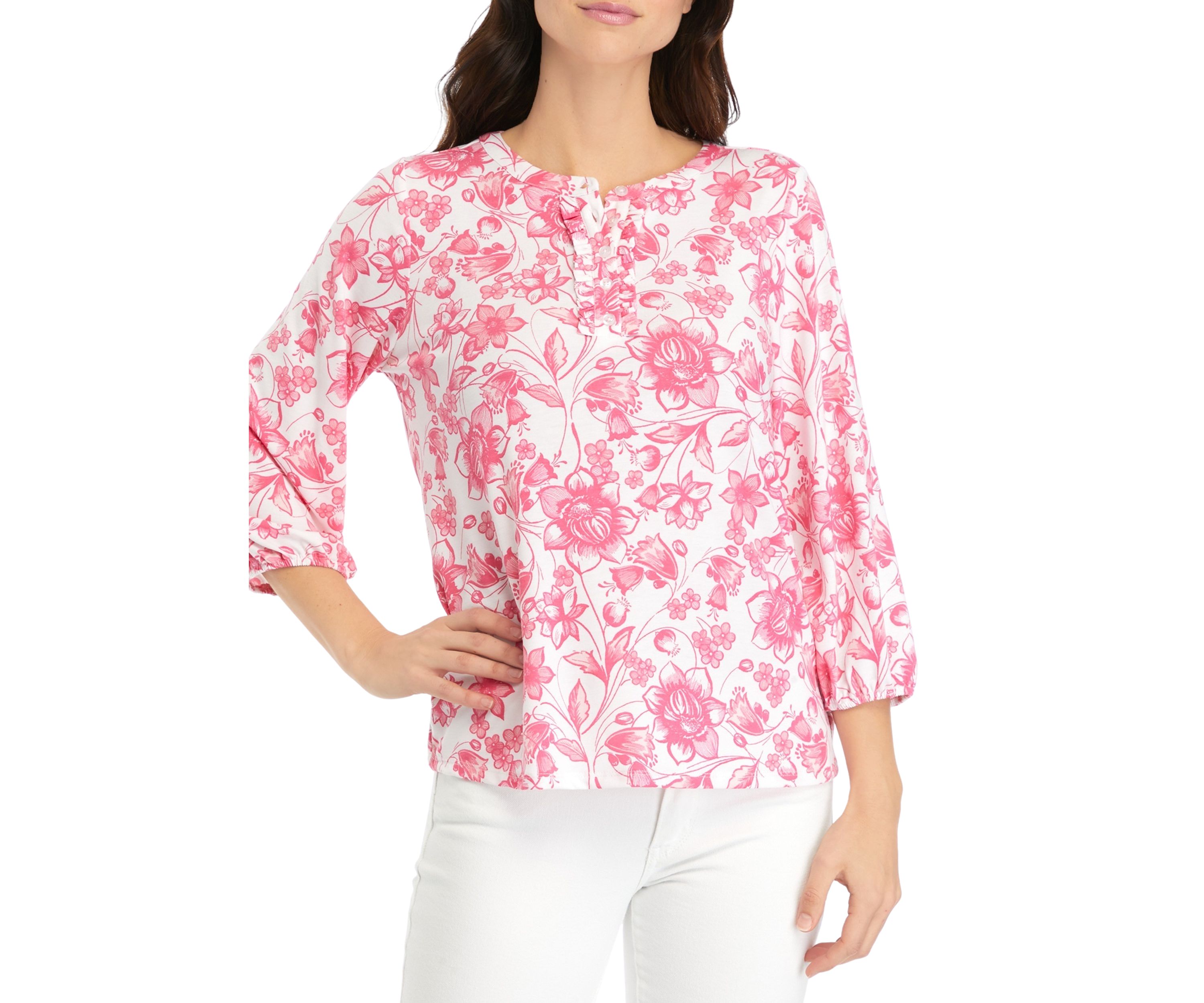 Womens Ruffle Trim Printed Henley Top