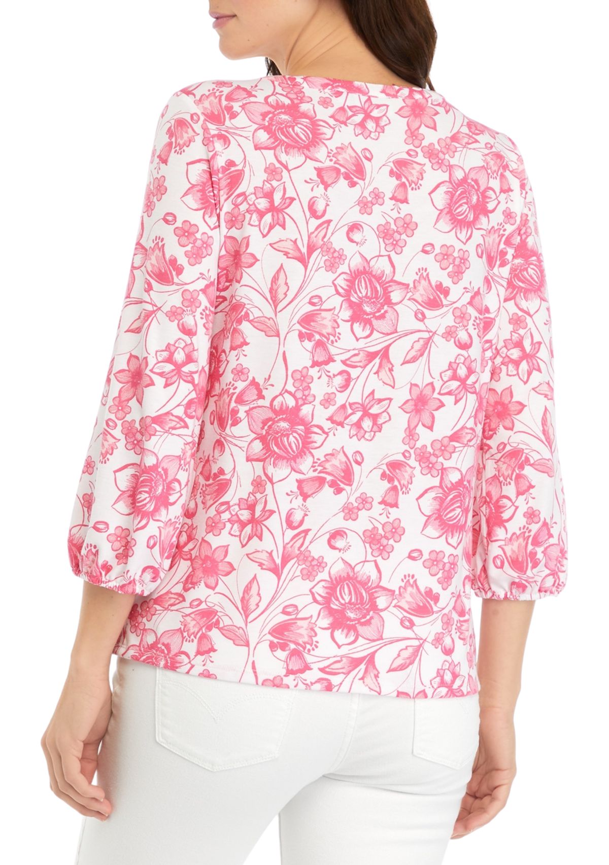 Womens Ruffle Trim Printed Henley Top