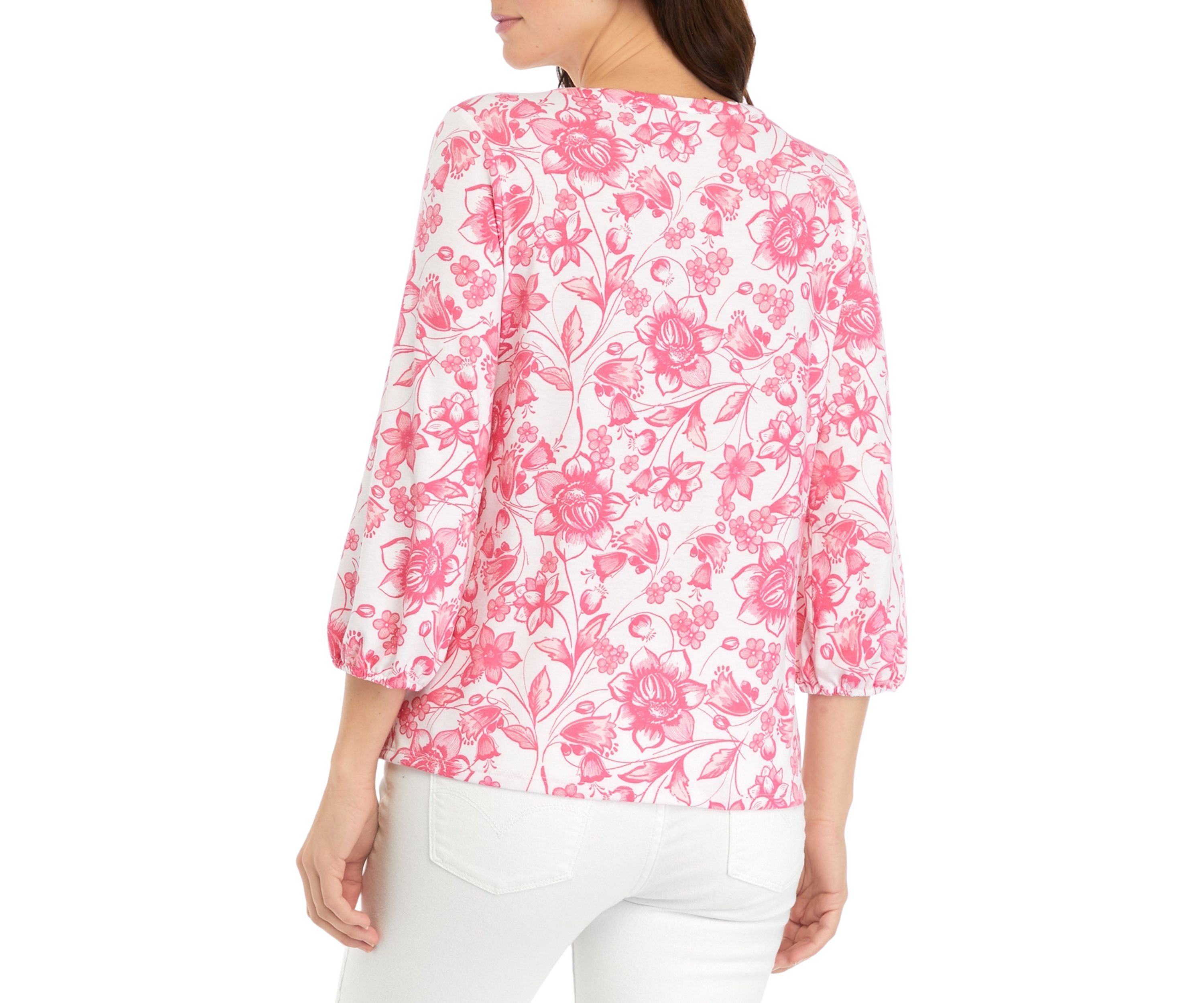Womens Ruffle Trim Printed Henley Top