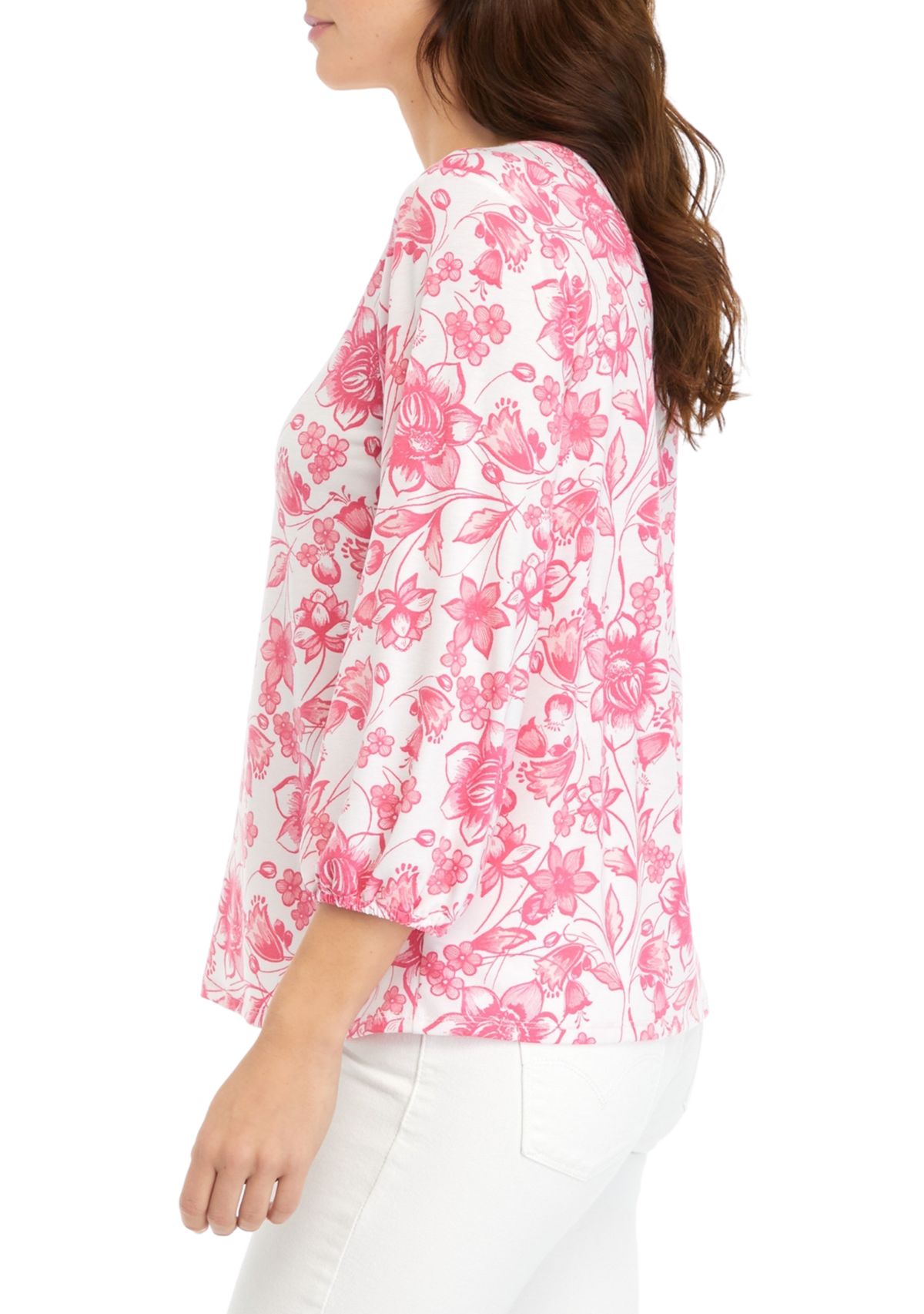 Womens Ruffle Trim Printed Henley Top