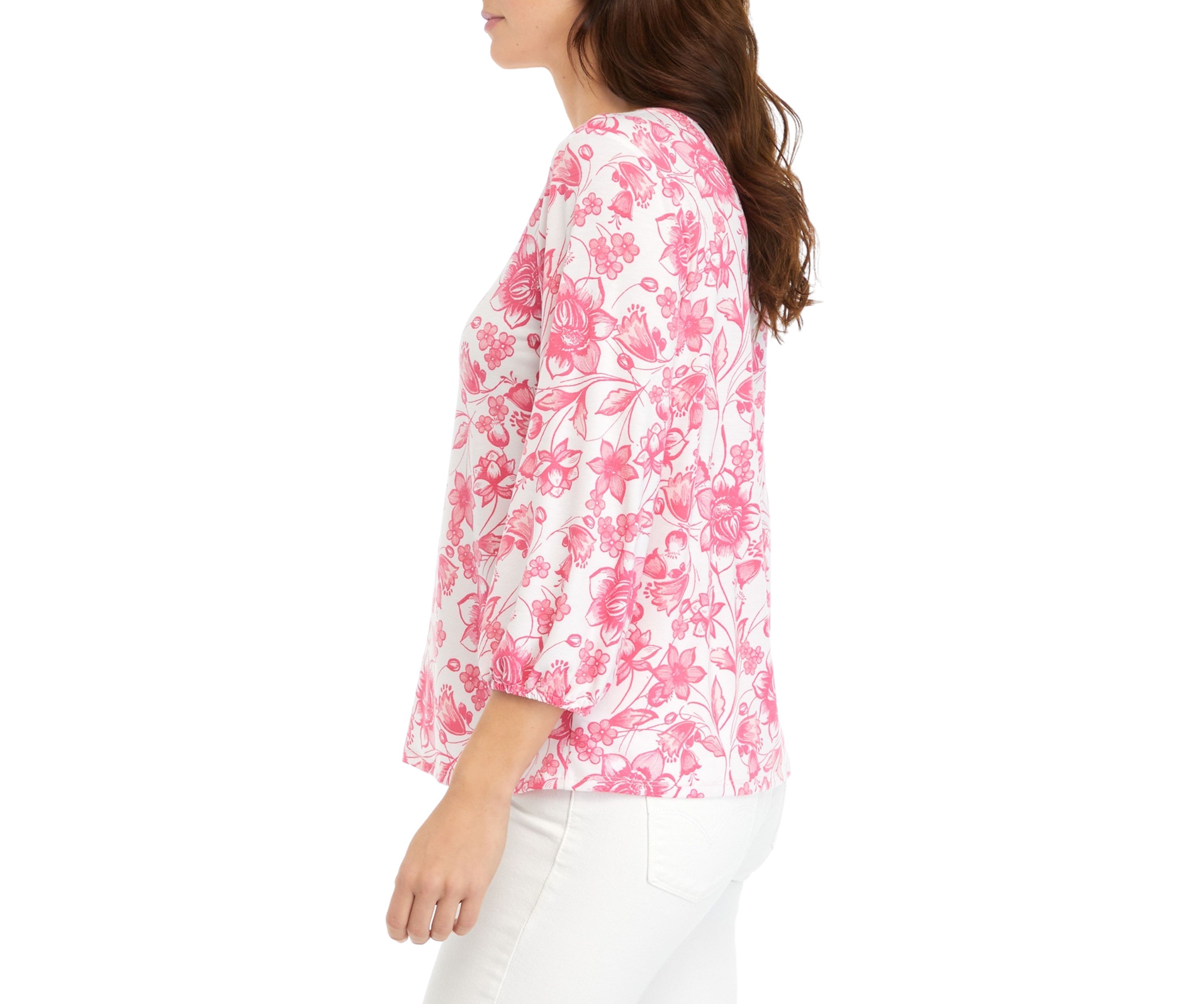 Womens Ruffle Trim Printed Henley Top