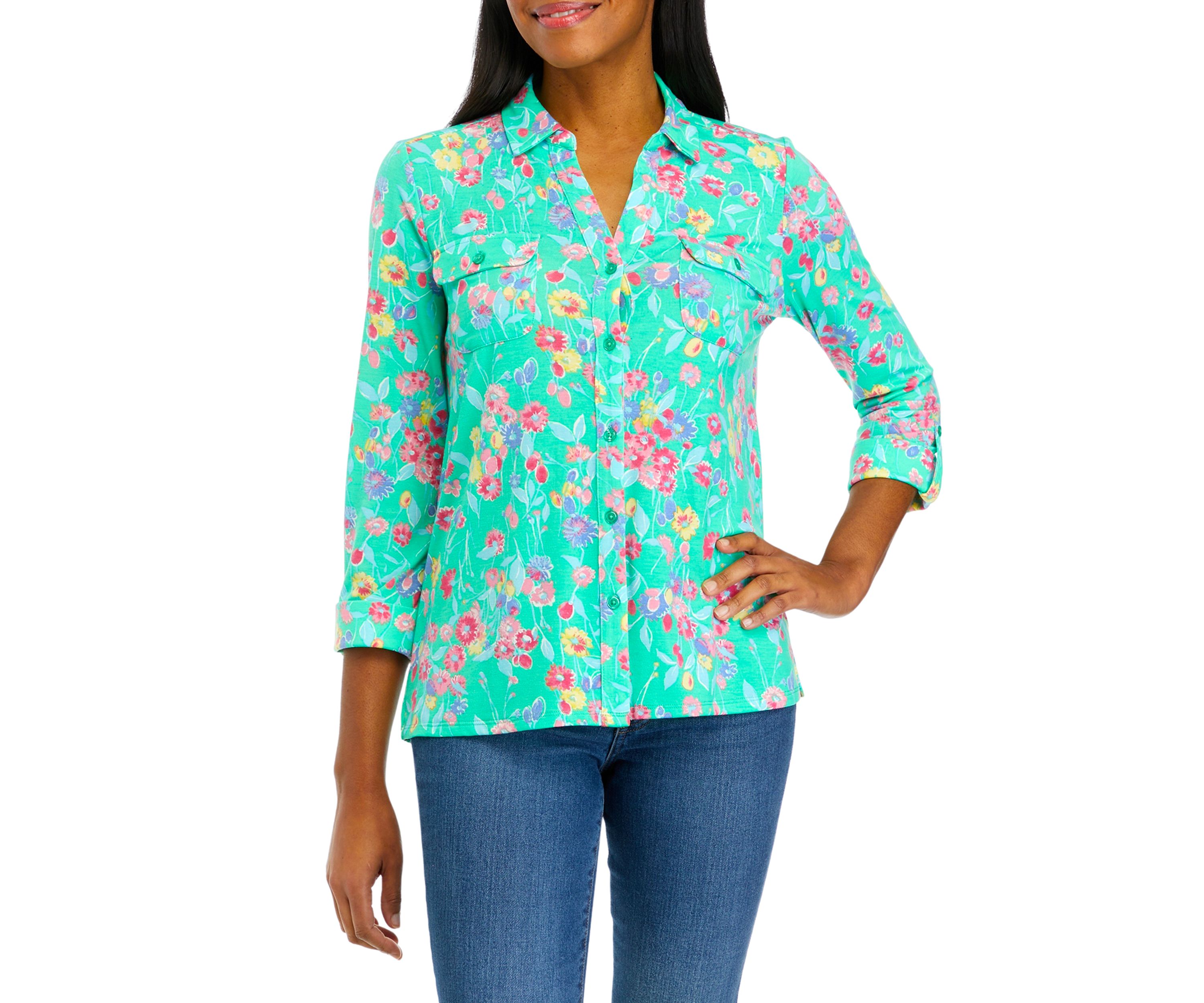 Womens 3/4 Sleeve Button Front Utility Shirt