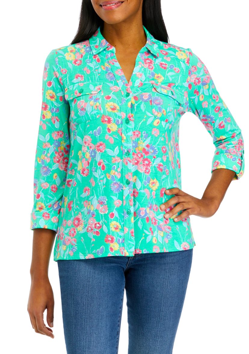 Womens 3/4 Sleeve Button Front Utility Shirt