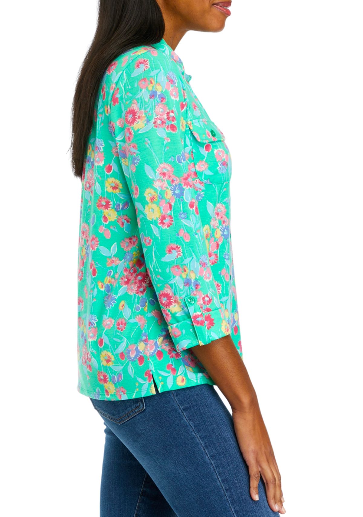 Womens 3/4 Sleeve Button Front Utility Shirt