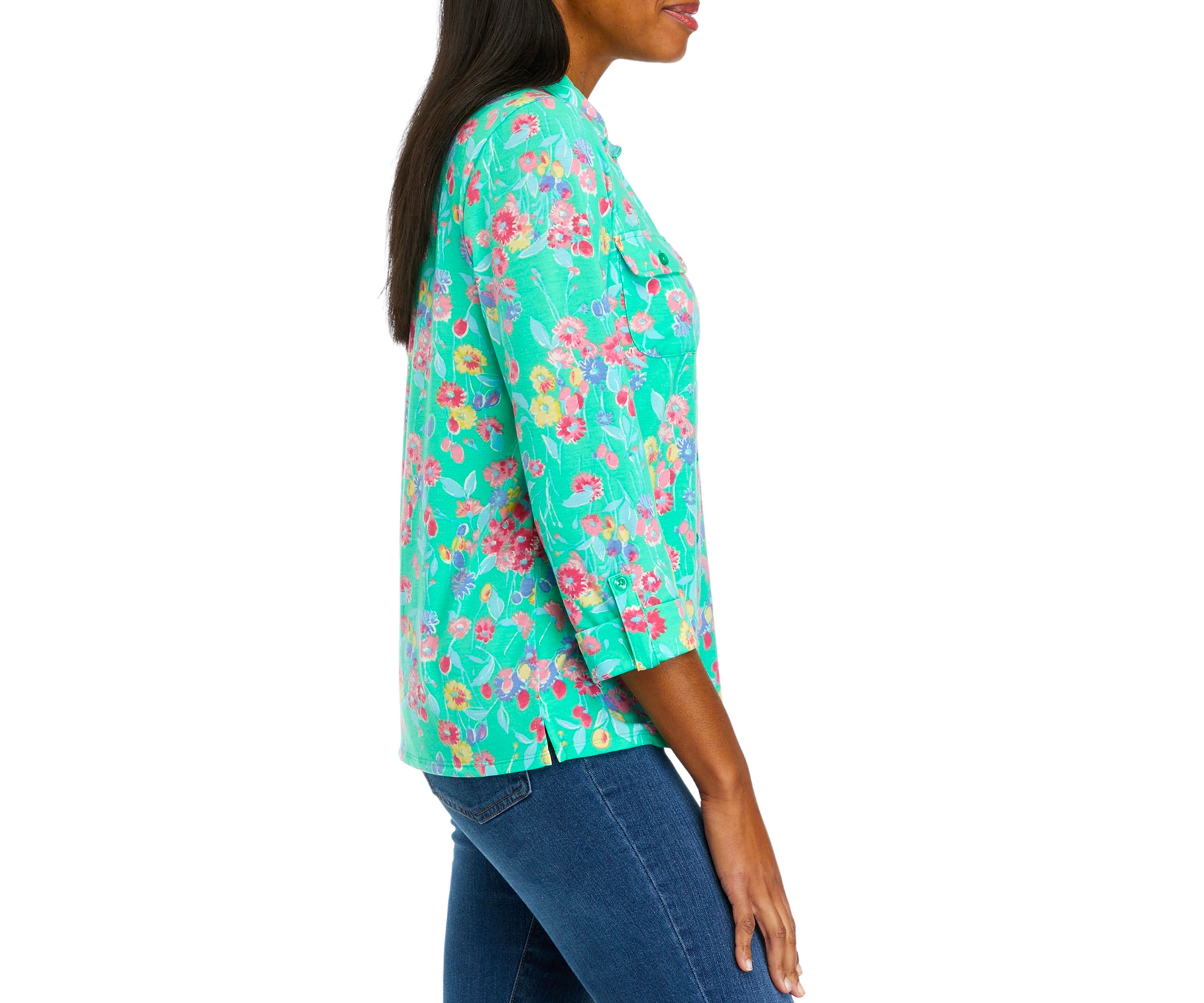 Womens 3/4 Sleeve Button Front Utility Shirt