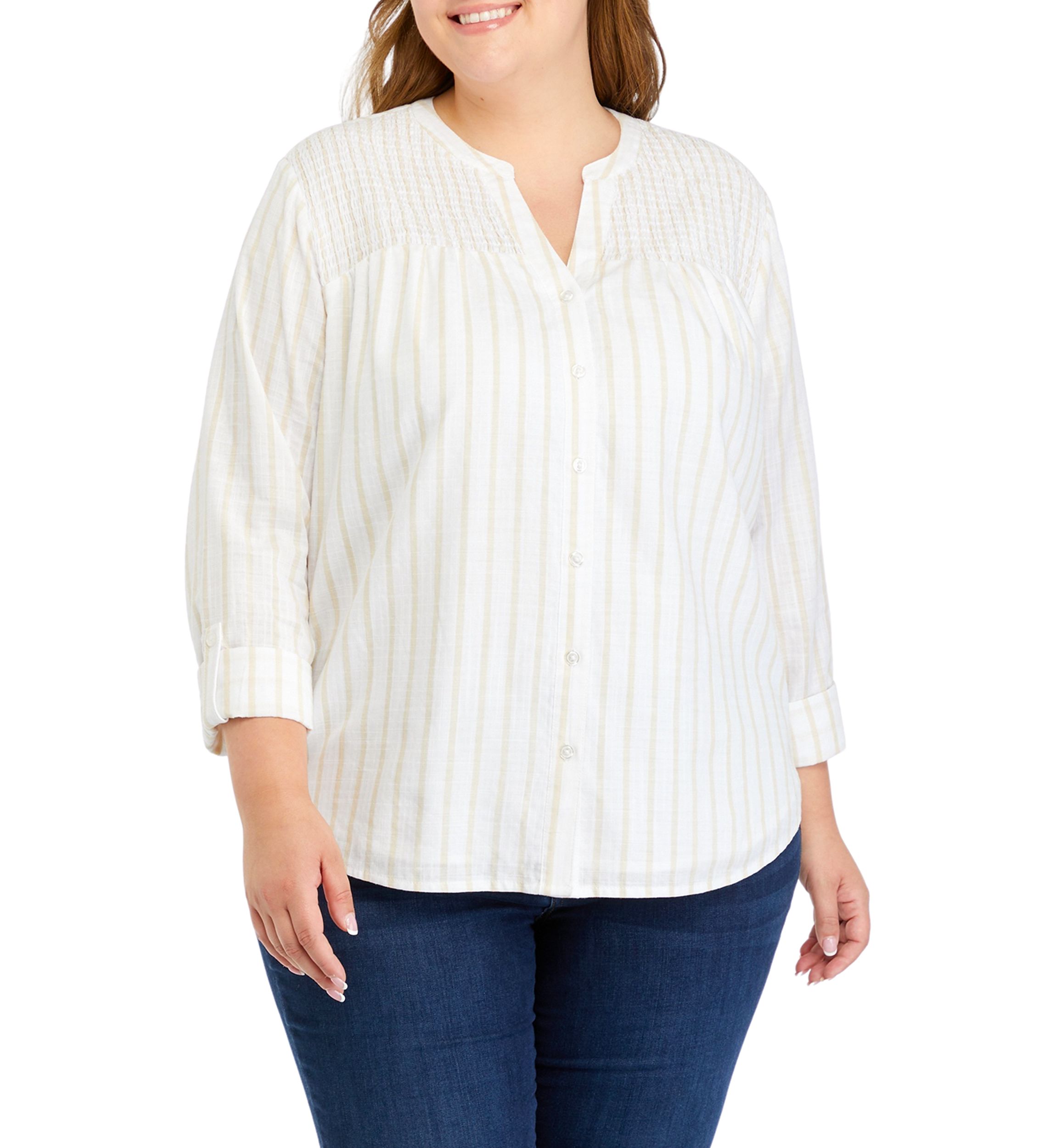 Plus Size Smock Yoke Striped Shirt 