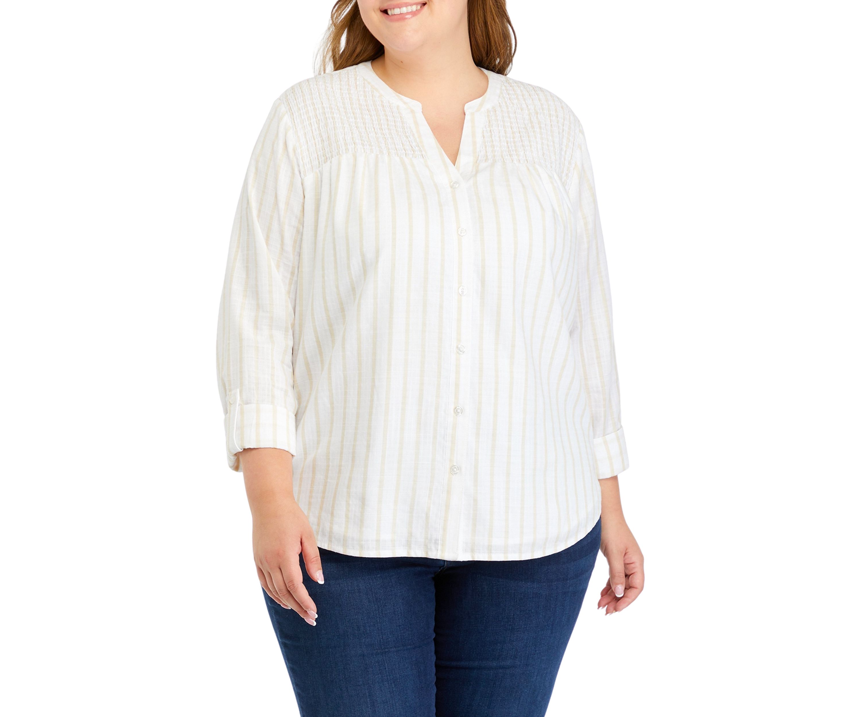 Plus Size Smock Yoke Striped Shirt 