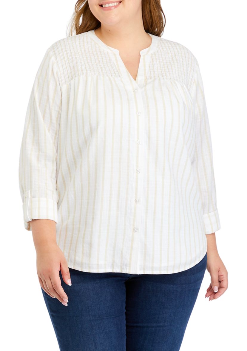 Plus Size Smock Yoke Striped Shirt 