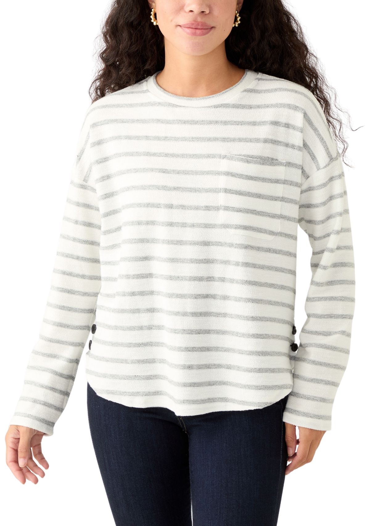 Petite Long Sleeve Crew Neck Top with Side Buttons