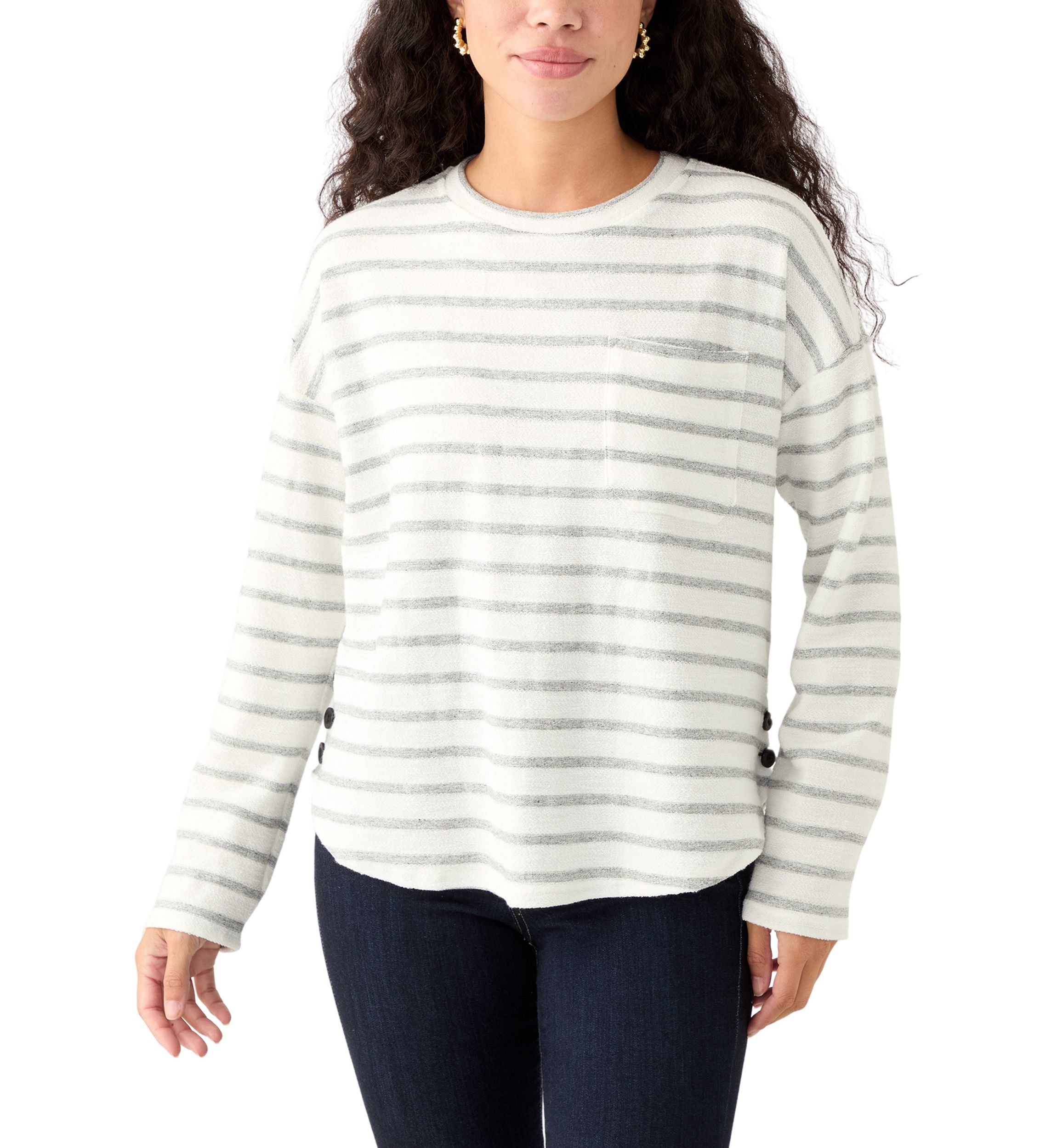 Petite Long Sleeve Crew Neck Top with Side Buttons