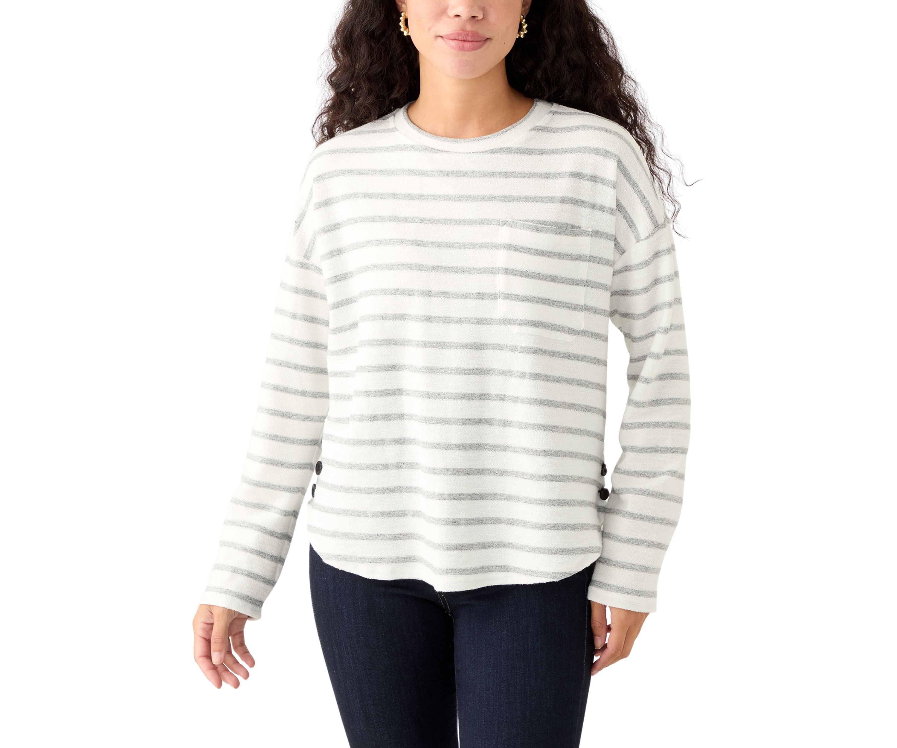 Petite Long Sleeve Crew Neck Top with Side Buttons