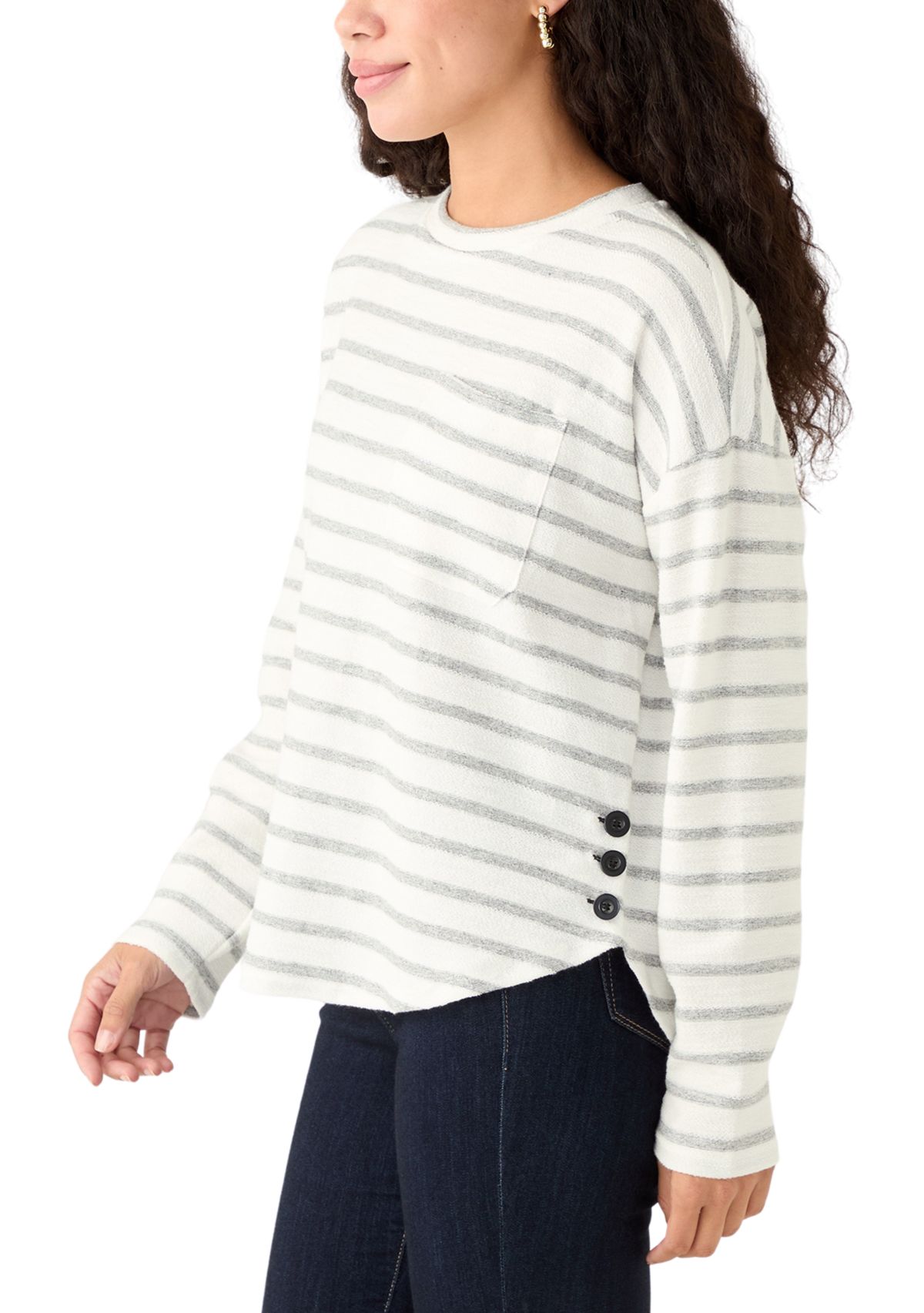 Petite Long Sleeve Crew Neck Top with Side Buttons
