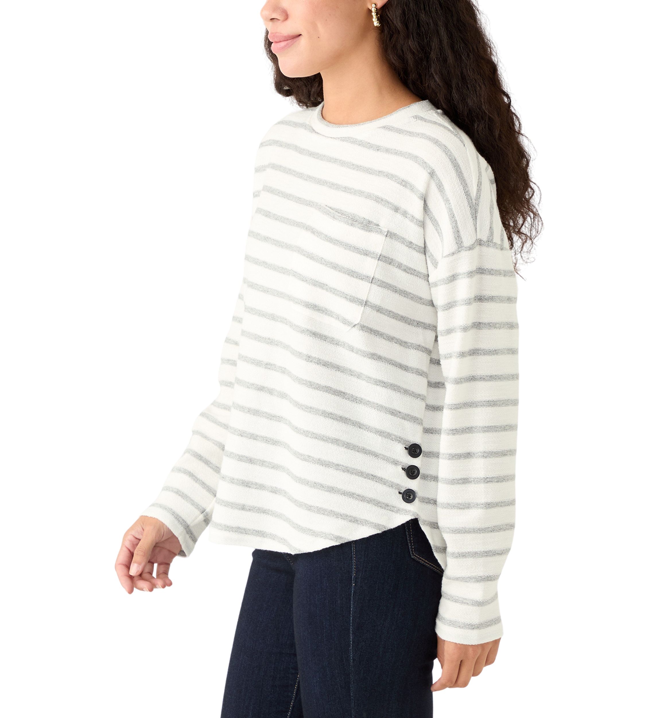 Petite Long Sleeve Crew Neck Top with Side Buttons