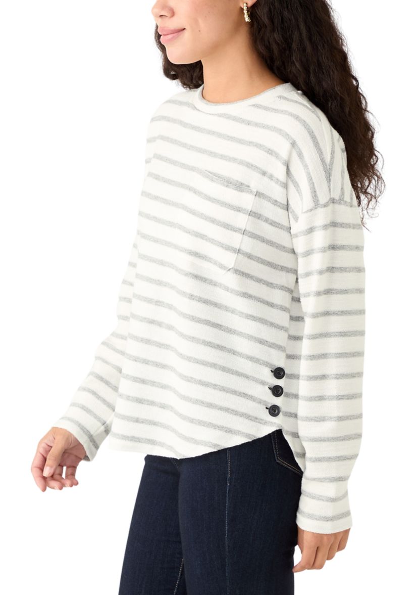 Petite Long Sleeve Crew Neck Top with Side Buttons