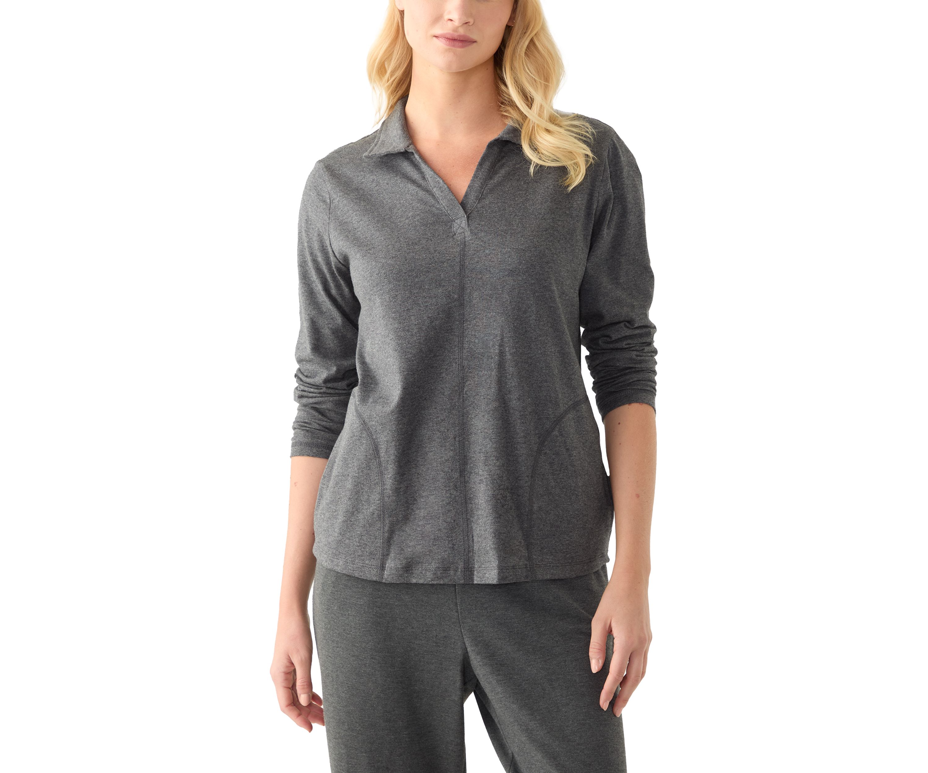 Petite Long Sleeve Polo Collar V-Neck Seamed Top 