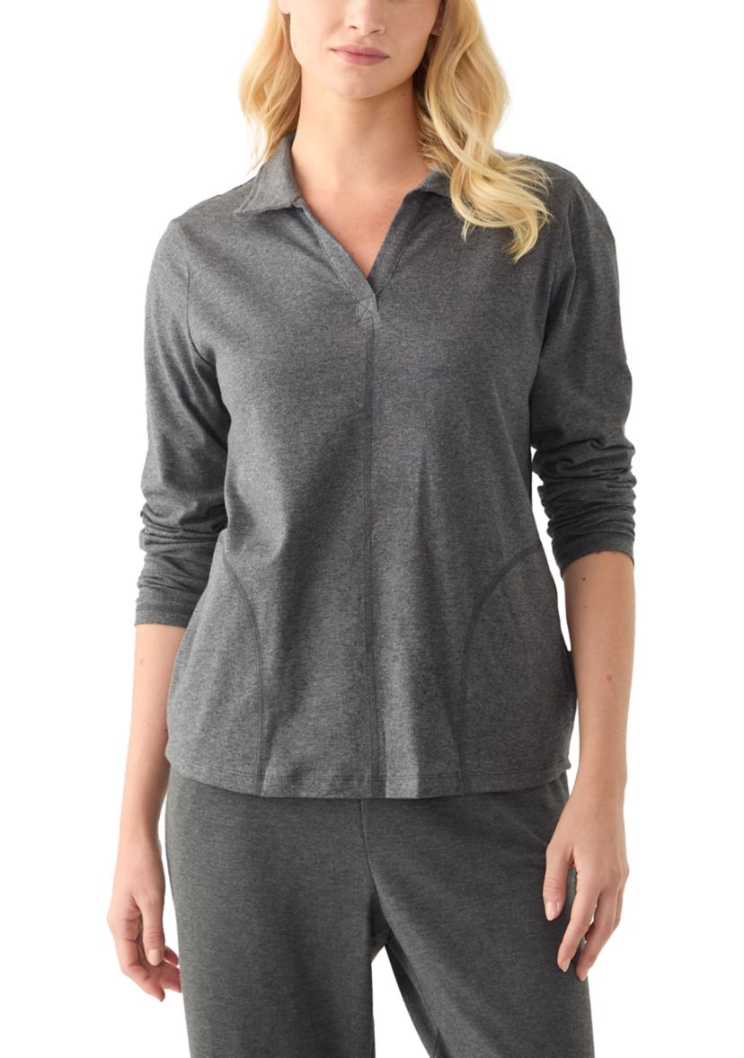 Petite Long Sleeve Polo Collar V-Neck Seamed Top 