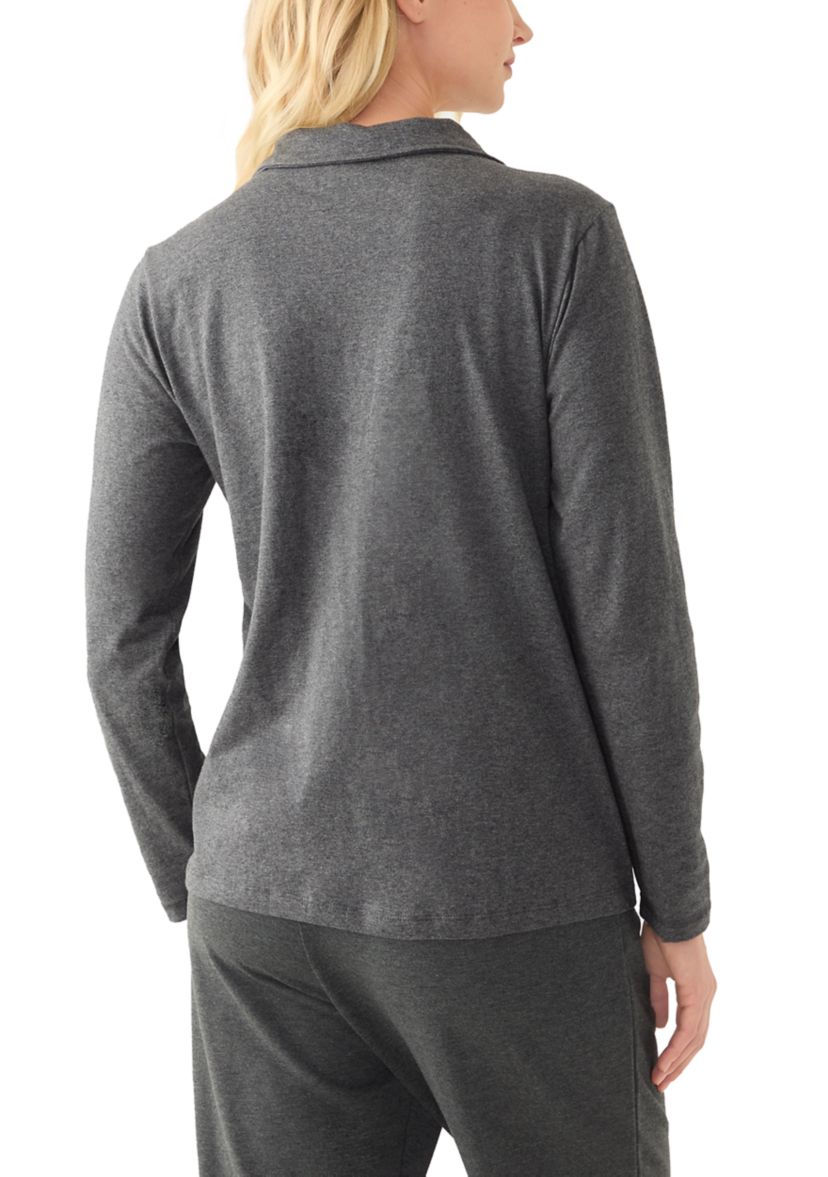 Petite Long Sleeve Polo Collar V-Neck Seamed Top 