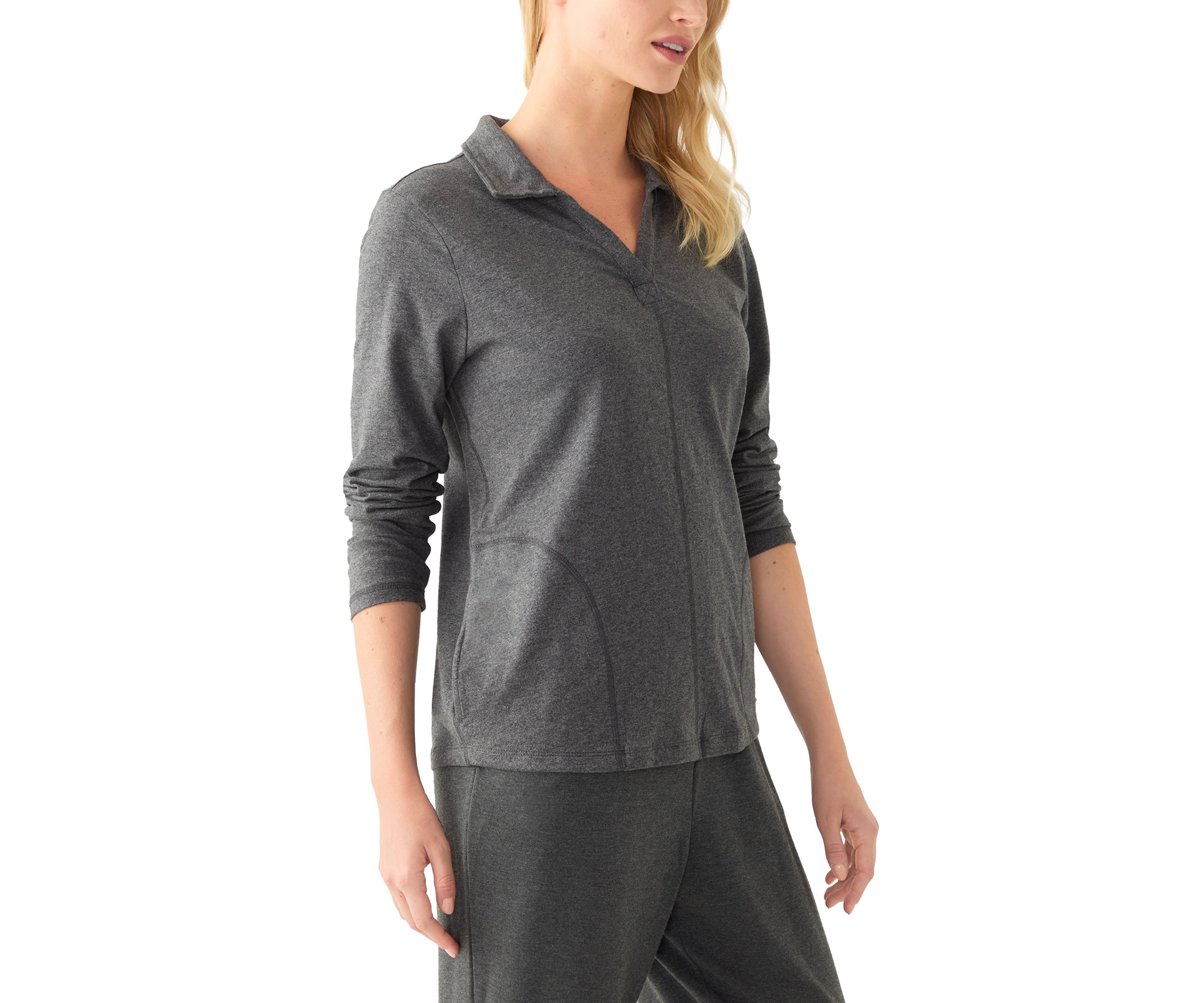 Petite Long Sleeve Polo Collar V-Neck Seamed Top 