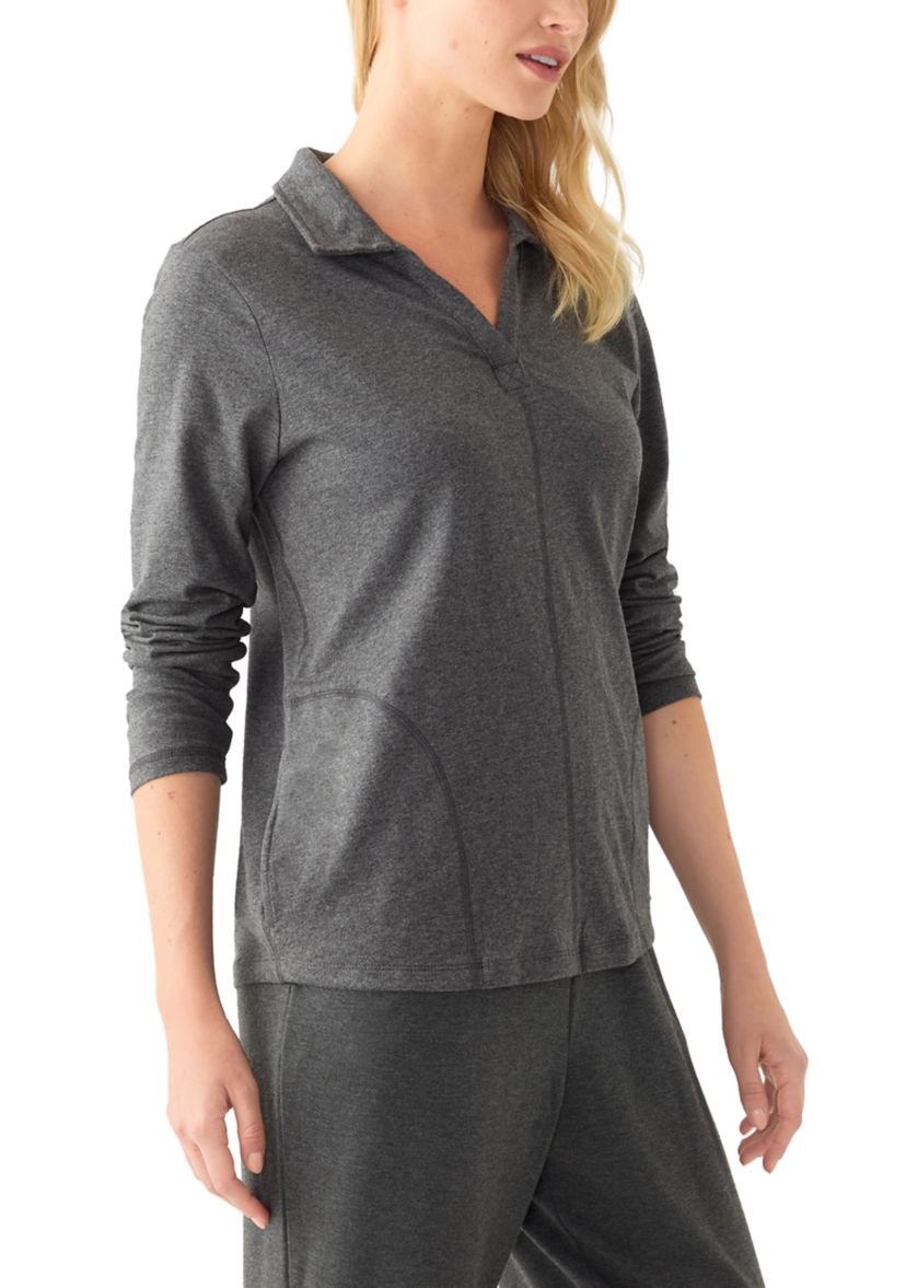Petite Long Sleeve Polo Collar V-Neck Seamed Top 