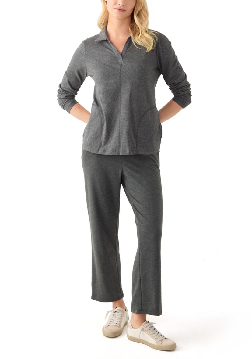 Petite Long Sleeve Polo Collar V-Neck Seamed Top 