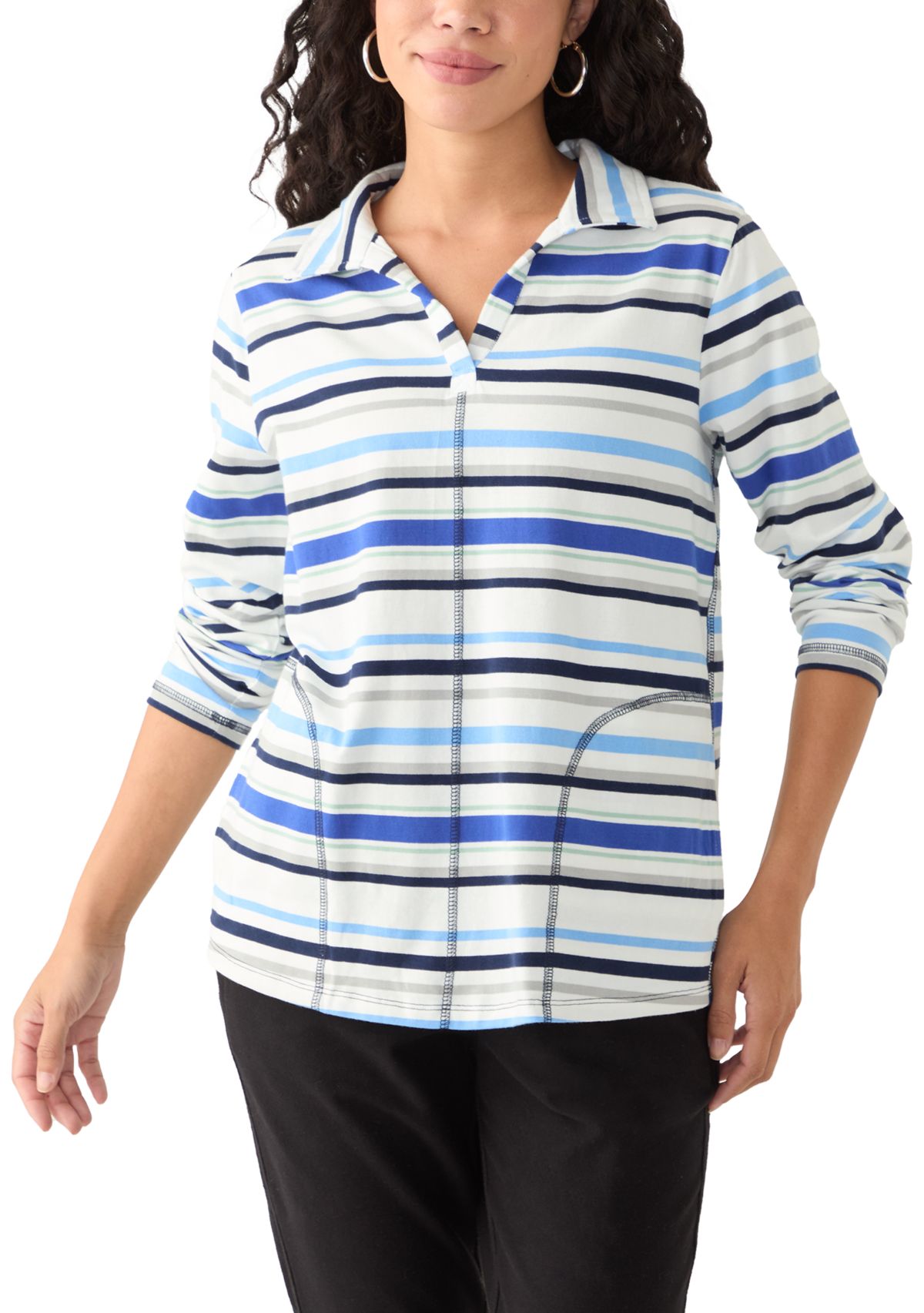 Petite Long Sleeve Polo Collar V-Neck Seamed Top 